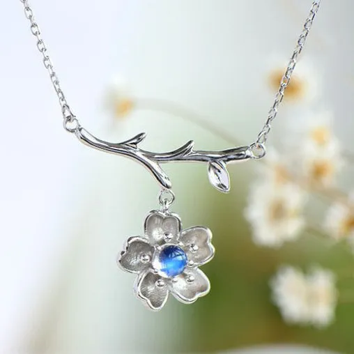 Moonstone Sakura Pendant Necklace in White Gold Plated Silver Jewelry Accessories Women