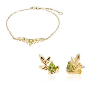 O Leaf Peridot Armband & Ohrstecker Satz in 9ct Gelb Gold
