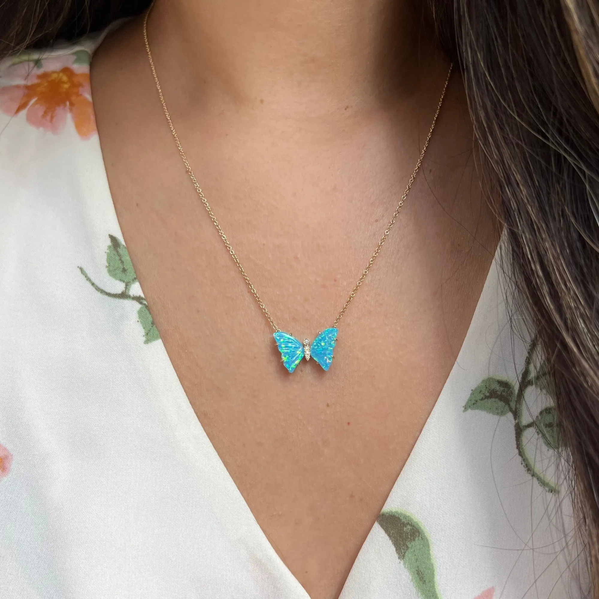 Opal and Turquoise Butterfly Necklace with Diamonds and Prongs