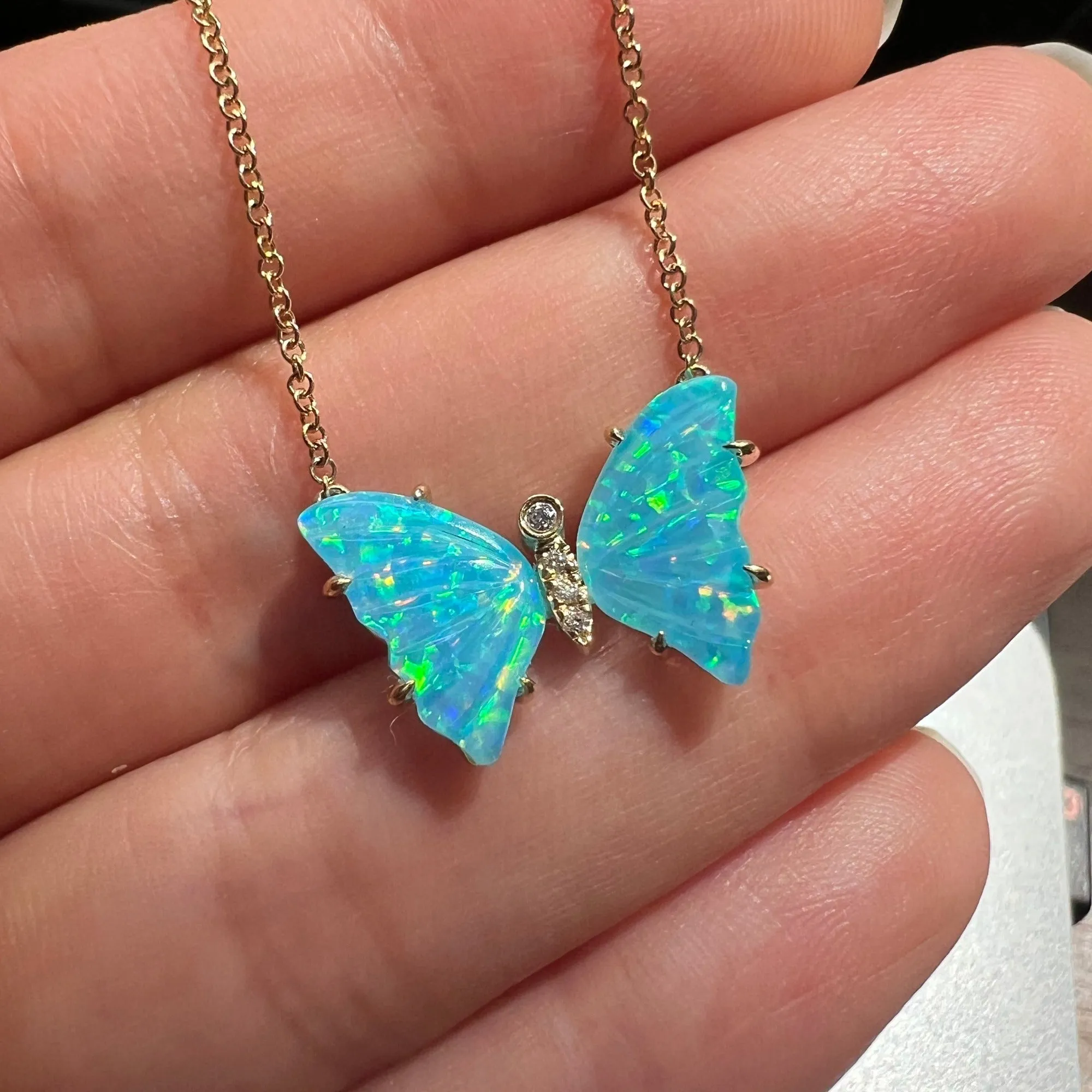 Opal and Turquoise Butterfly Necklace with Diamonds and Prongs
