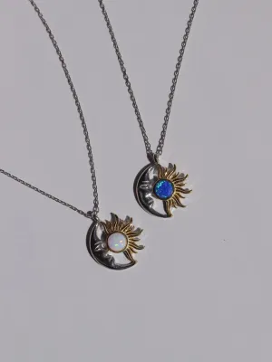 Opal Moon and Sun Necklace, 925 Sterling Silver