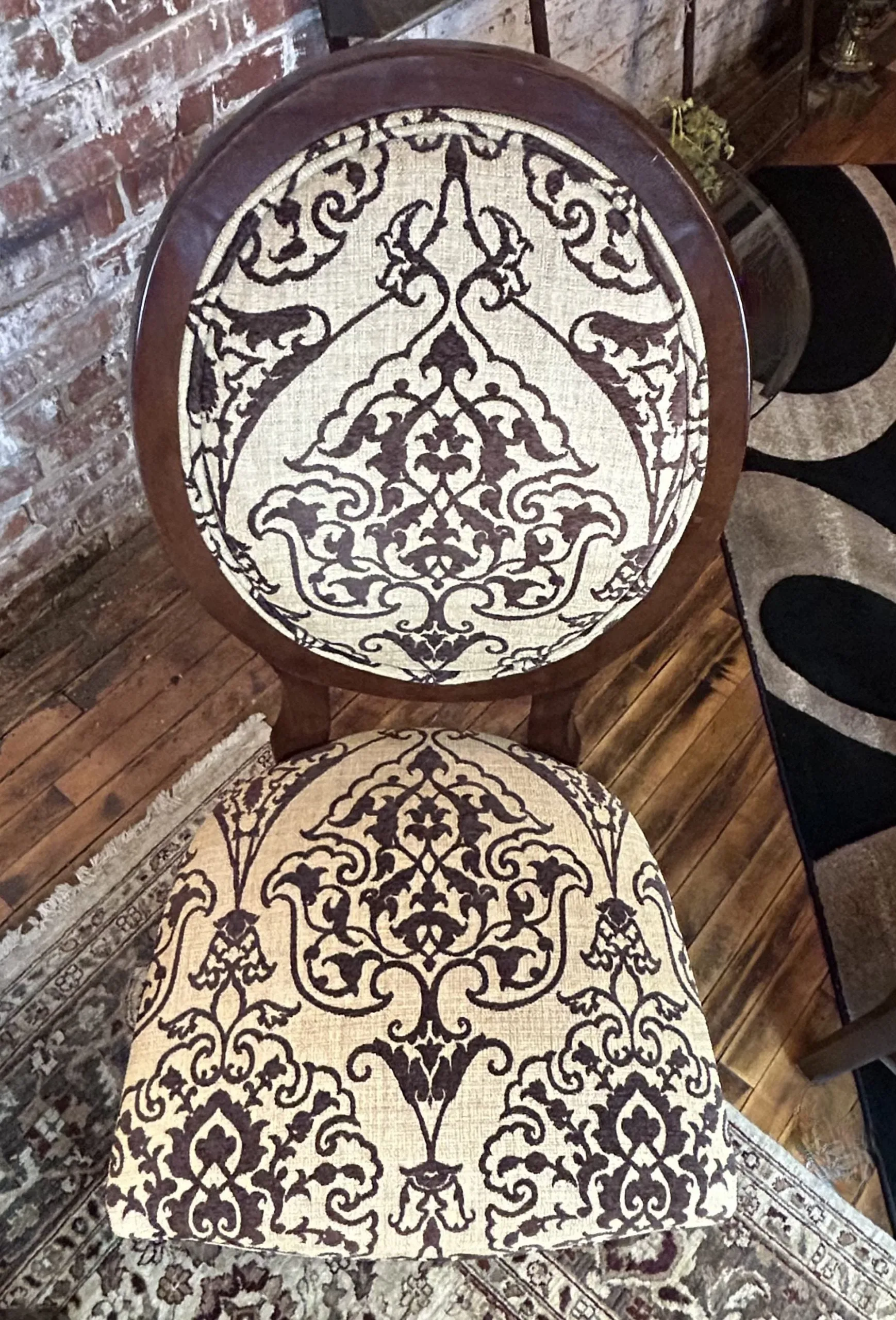 Oval Back Armless Accent Chair, Shaved Brown Velvet and Golden Fabric