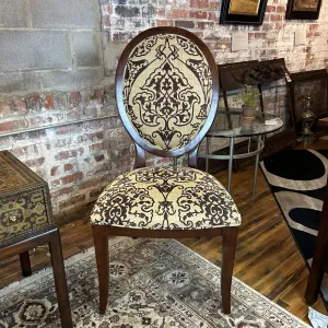 Oval Back Armless Accent Chair, Shaved Brown Velvet and Golden Fabric