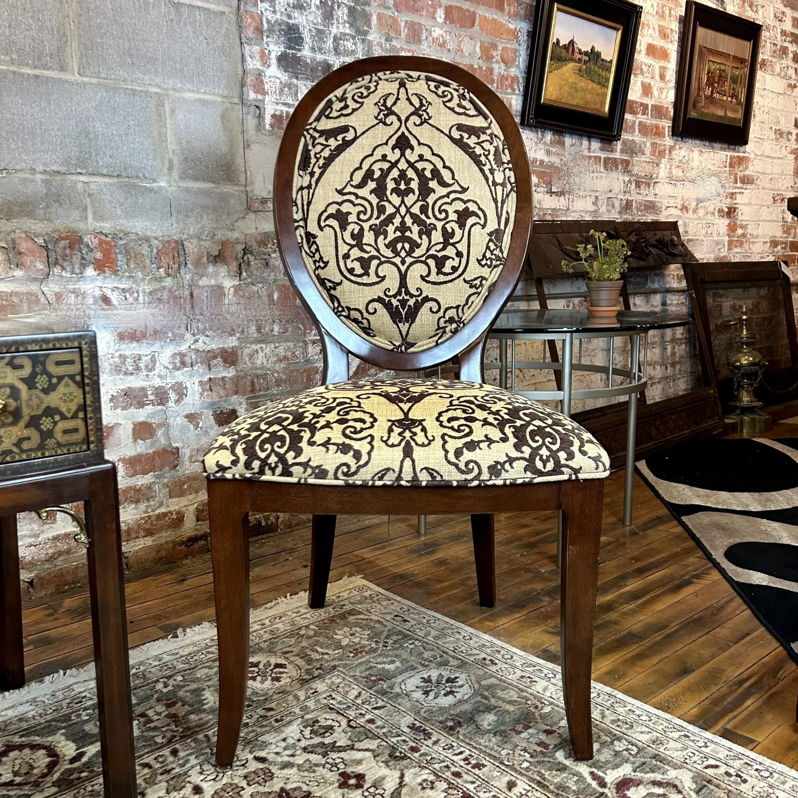 Oval Back Armless Accent Chair, Shaved Brown Velvet and Golden Fabric