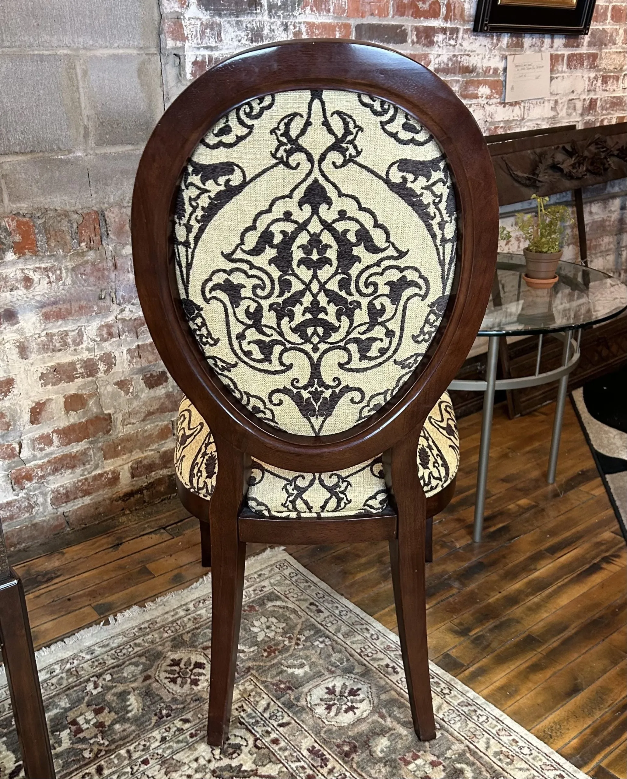 Oval Back Armless Accent Chair, Shaved Brown Velvet and Golden Fabric