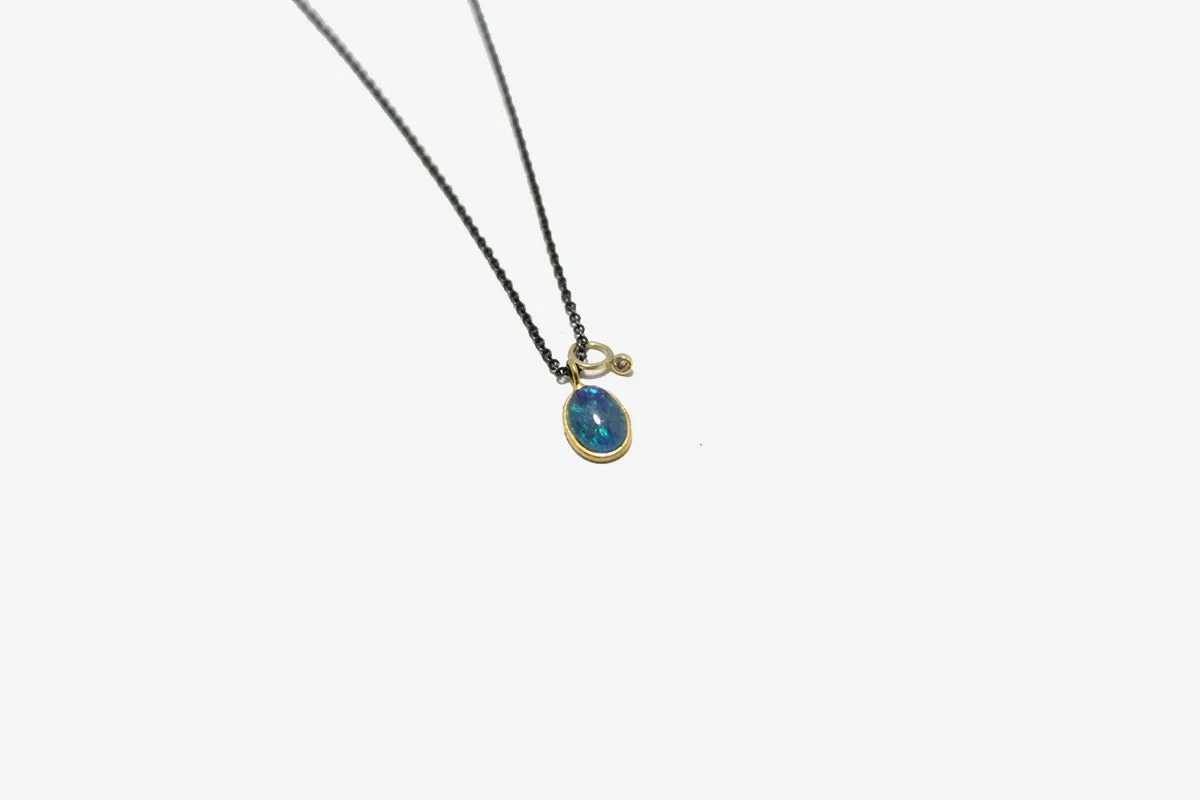 Oxidized Silver Opal   Diamond Necklace