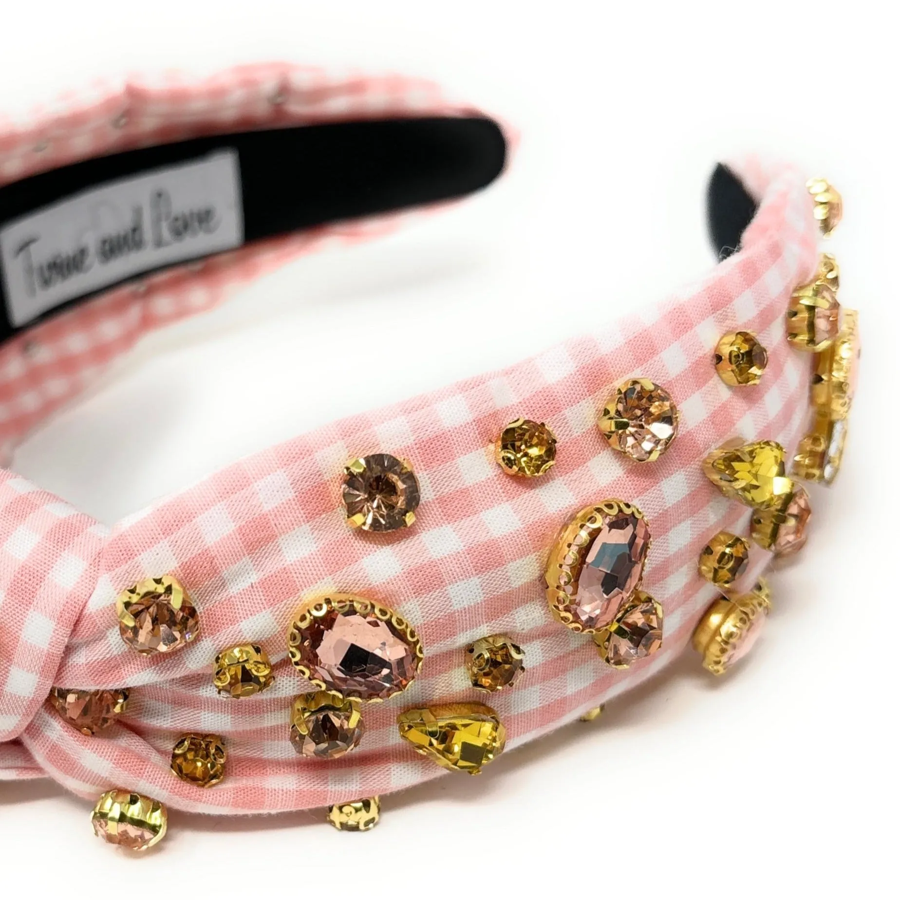 Peach Fuzz Gingham Jeweled Knot Headband
