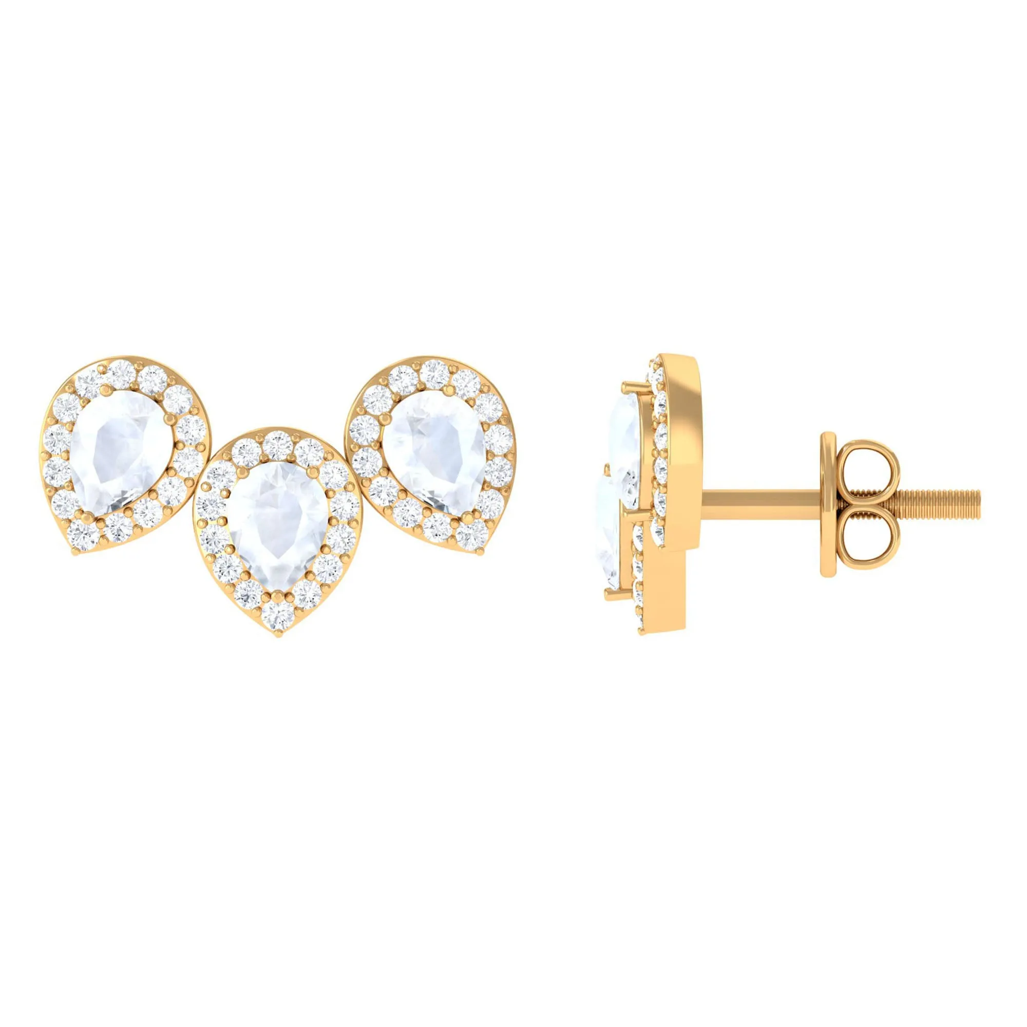Pear Shape Moonstone Three Stone Bridal Stud Earrings with Diamond Halo