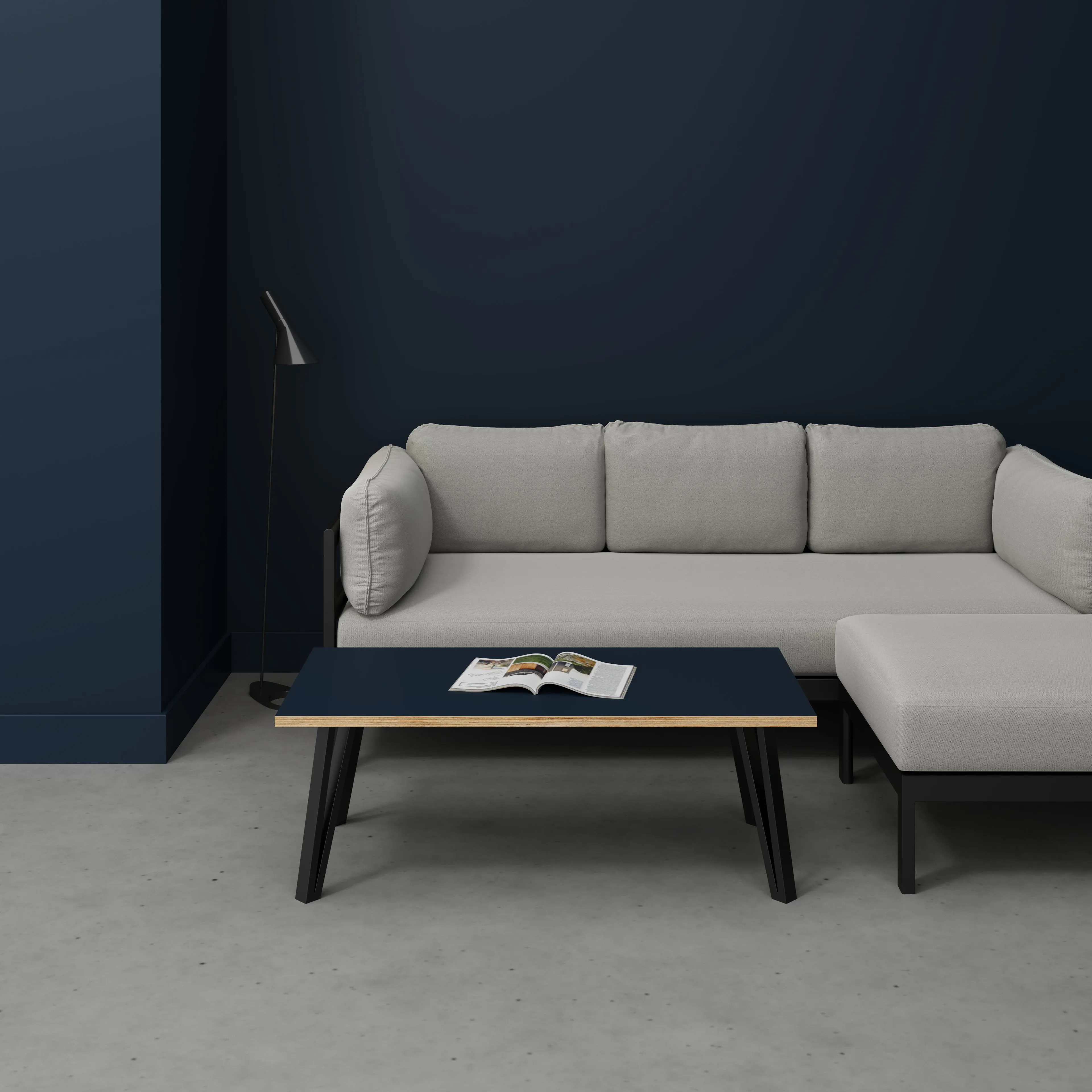Plywood Coffee Table with Black Box Hairpin Legs - Formica Night Sea Blue - 1200(w) x 600(d) x 425(h)