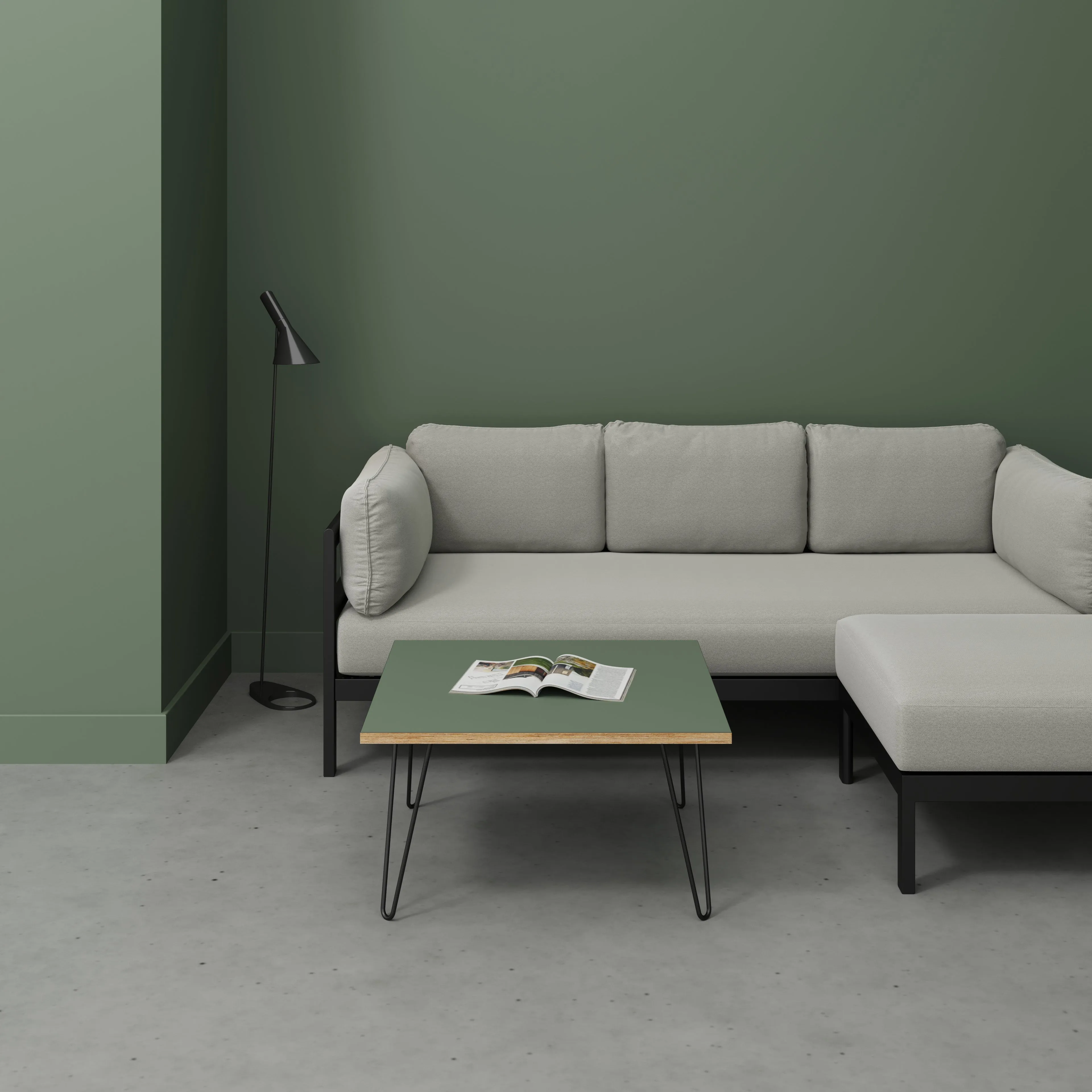 Plywood Coffee Table with Black Hairpin Legs - Formica Green Slate - 800(w) x 800(d) x 425(h)