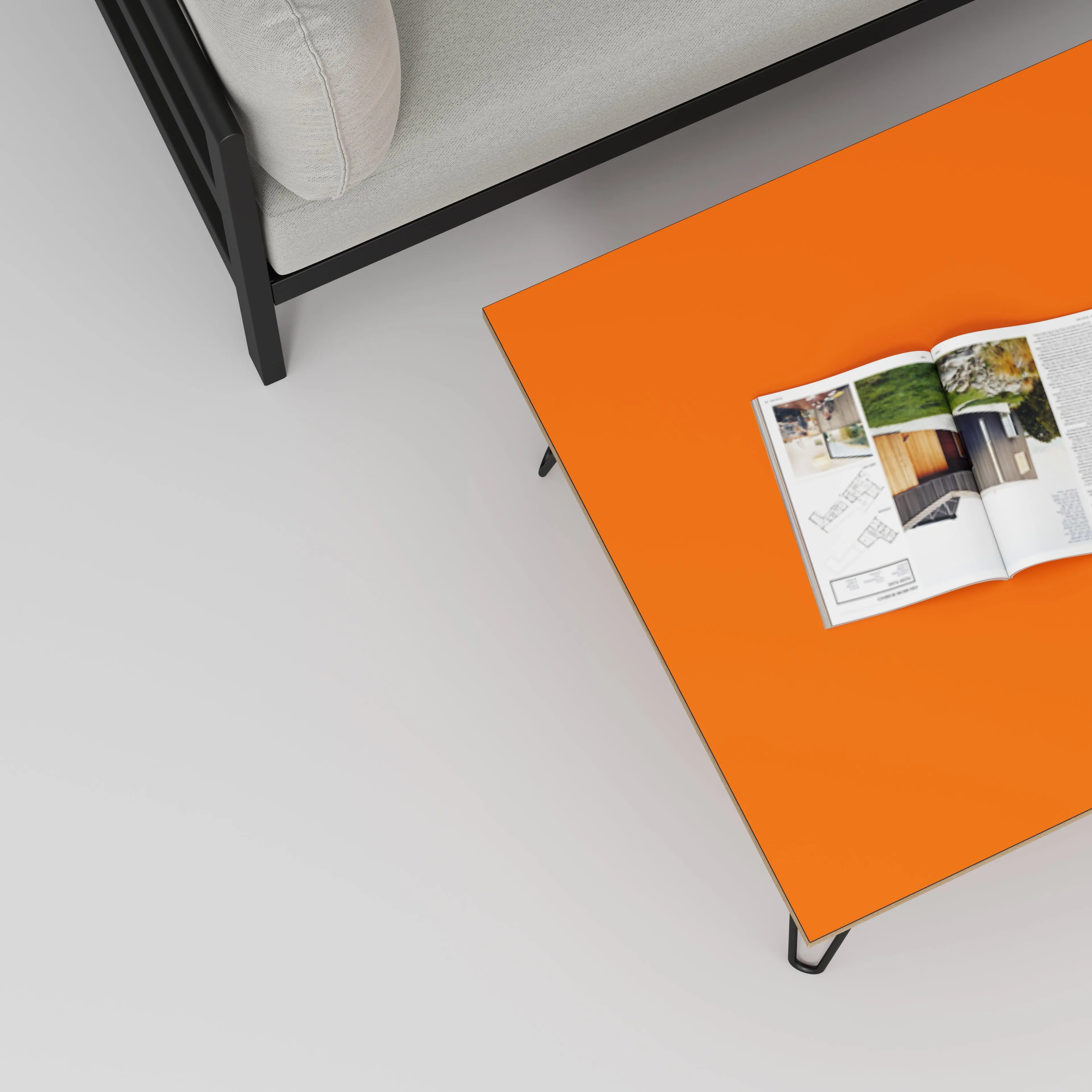 Plywood Coffee Table with Black Hairpin Legs - Formica Levante Orange - 800(w) x 800(d) x 425(h)