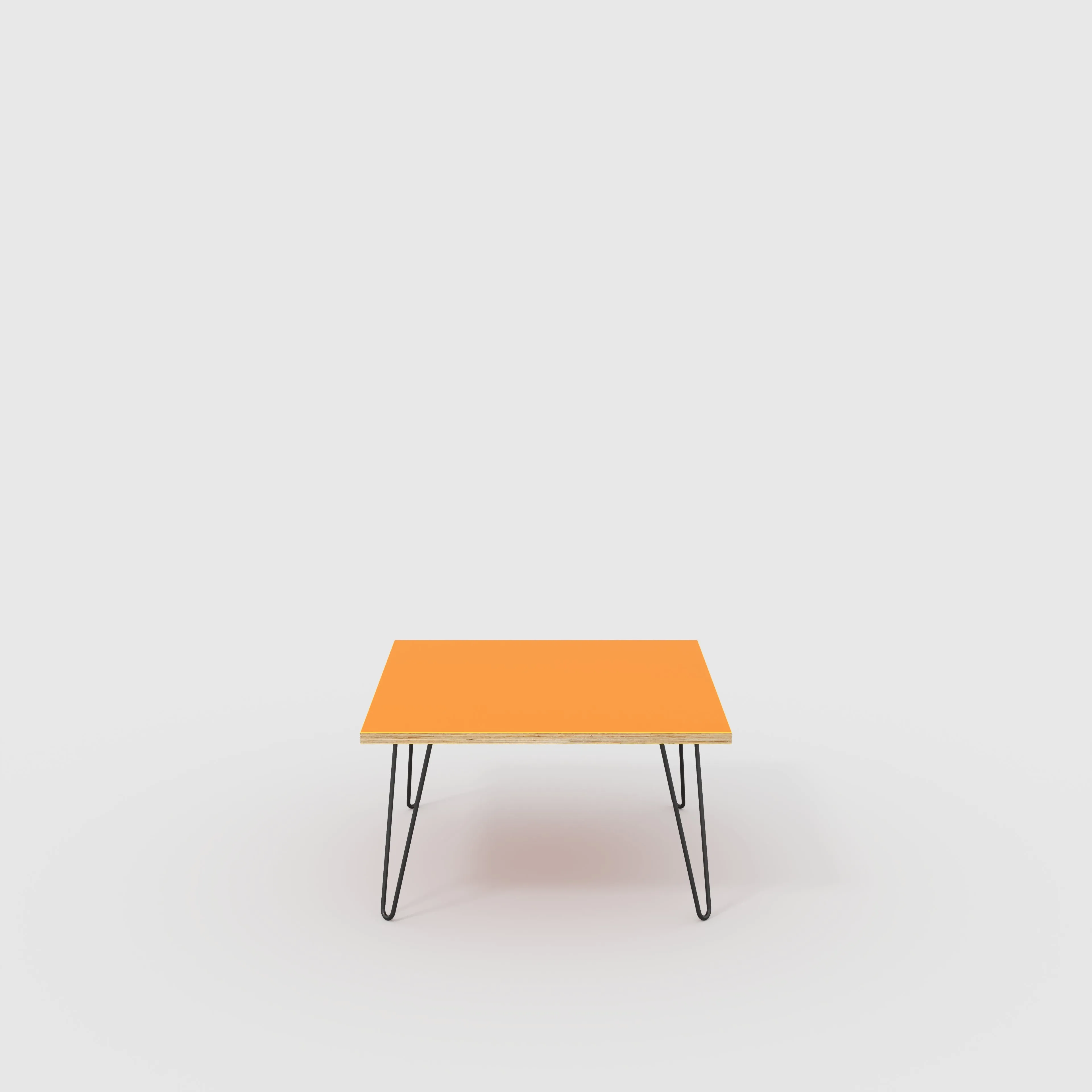 Plywood Coffee Table with Black Hairpin Legs - Formica Levante Orange - 800(w) x 800(d) x 425(h)