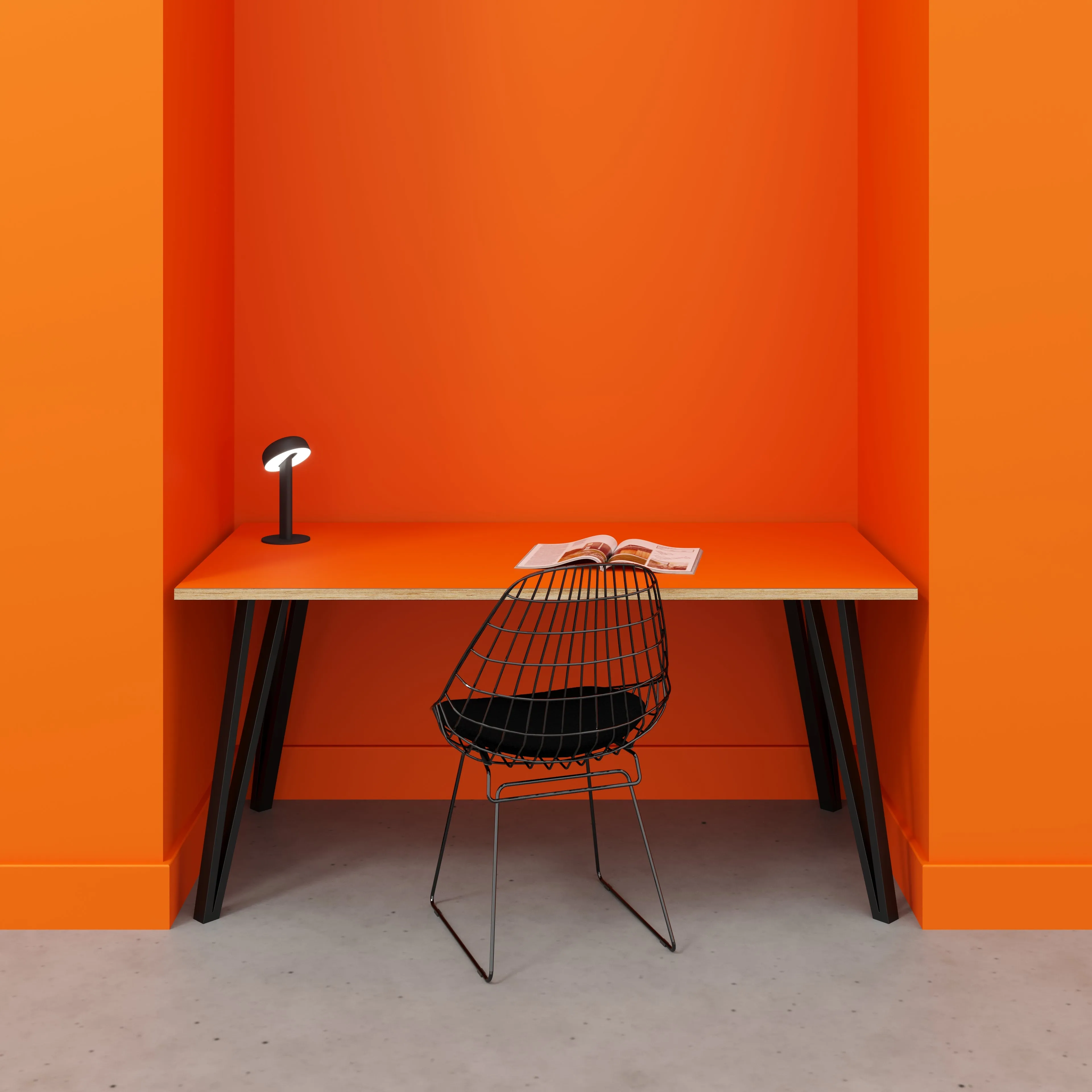 Plywood Desk with Black Box Hairpin Legs - Formica Levante Orange - 1600(w) x 800(d) x 735(h)