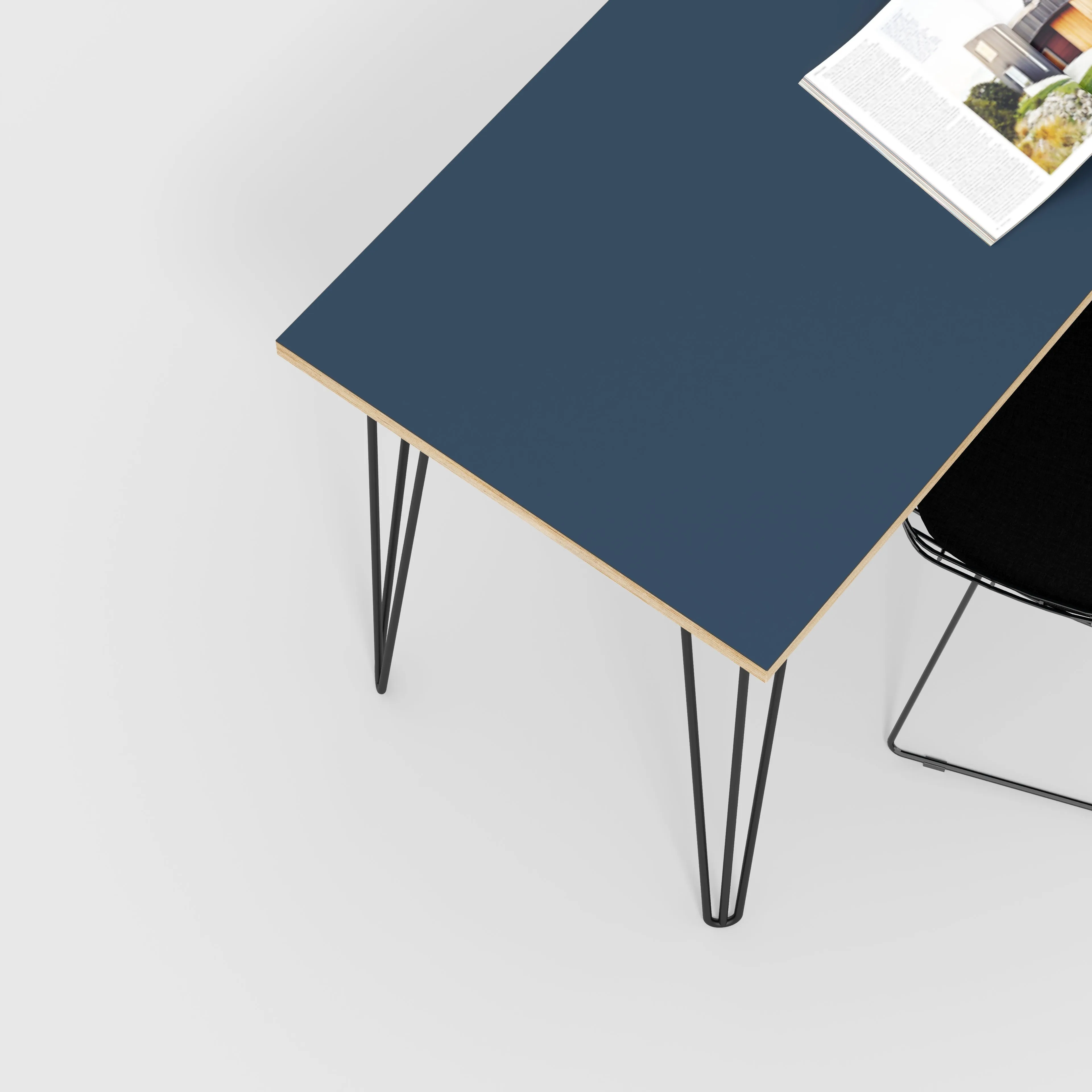 Plywood Desk with Black Hairpin Legs - Formica Night Sea Blue - 1600(w) x 800(d) x 735(h)