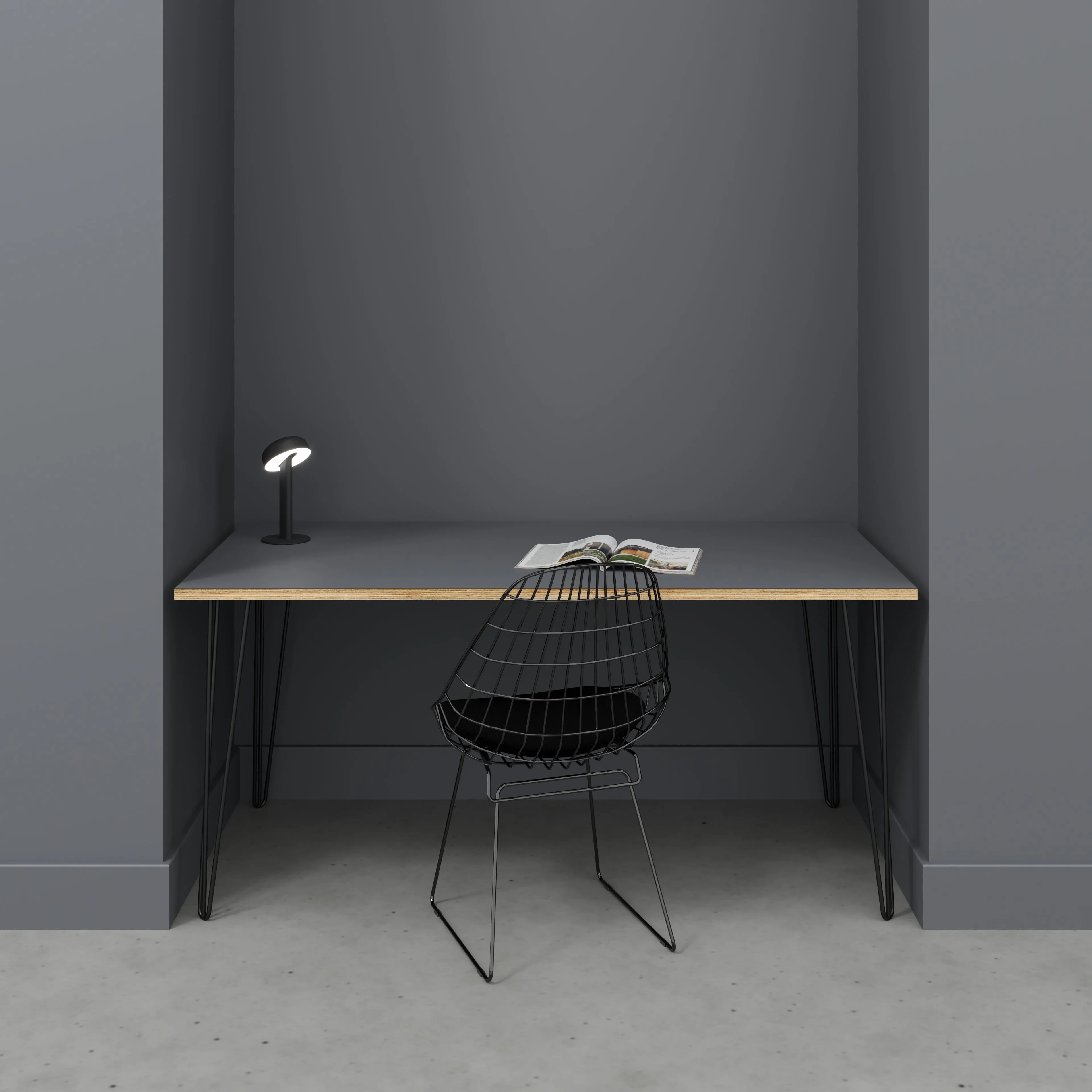 Plywood Desk with Black Hairpin Legs - Formica Tornado Grey - 1600(w) x 800(d) x 735(h)