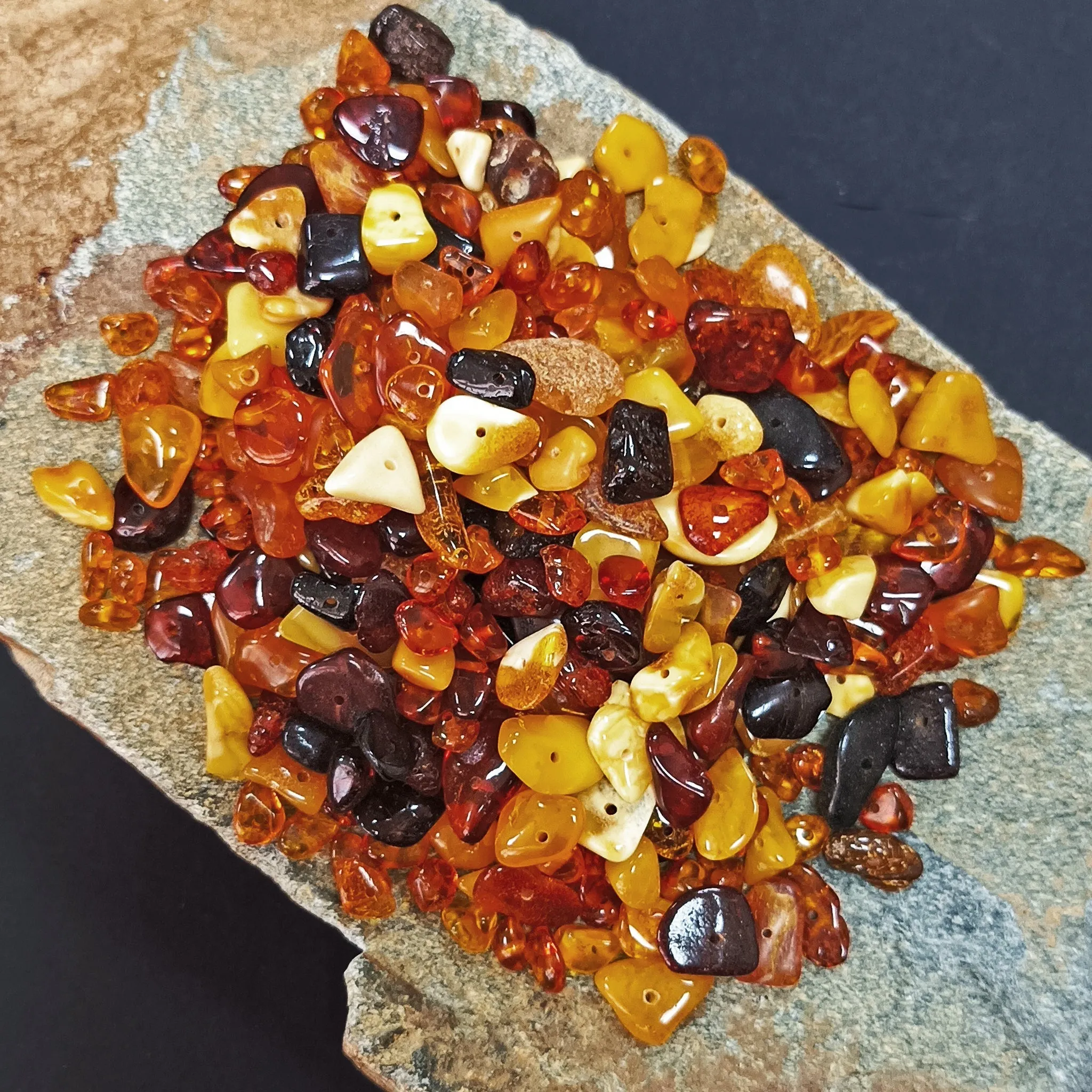 Polished Amber Chips With Drilled Holes