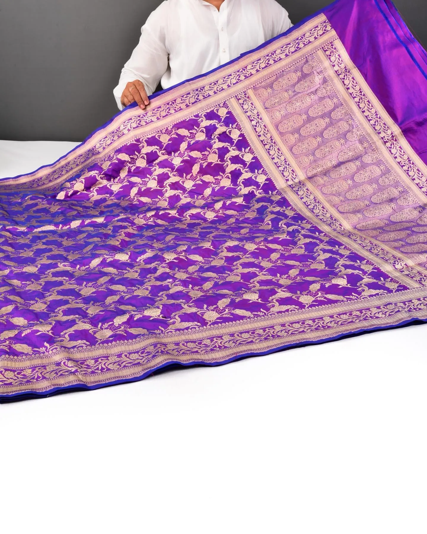 Purple Banarasi Ornate Floral Jaal Cutwork Brocade Handwoven Katan Silk Saree