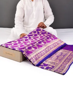 Purple Banarasi Ornate Floral Jaal Cutwork Brocade Handwoven Katan Silk Saree