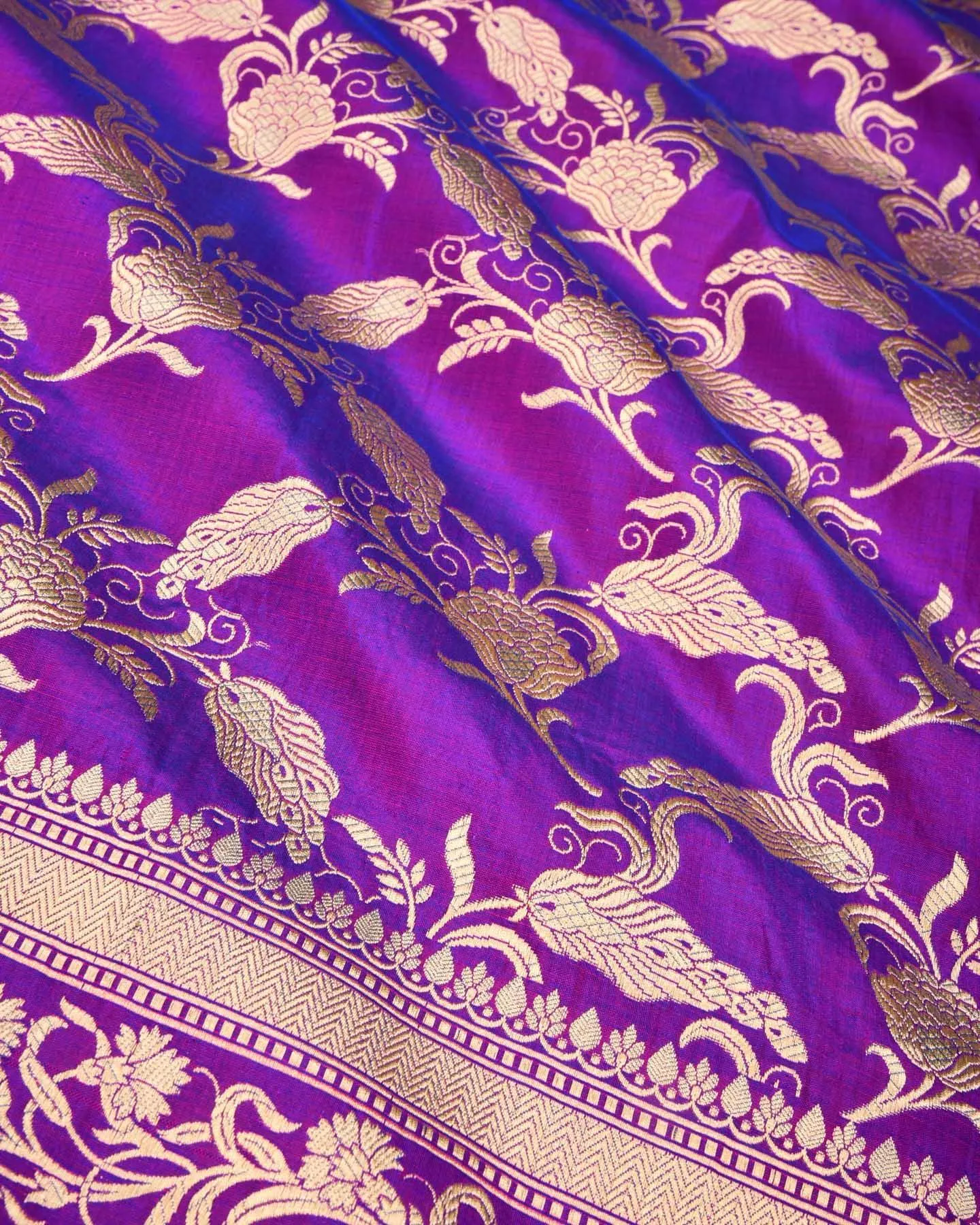 Purple Banarasi Ornate Floral Jaal Cutwork Brocade Handwoven Katan Silk Saree