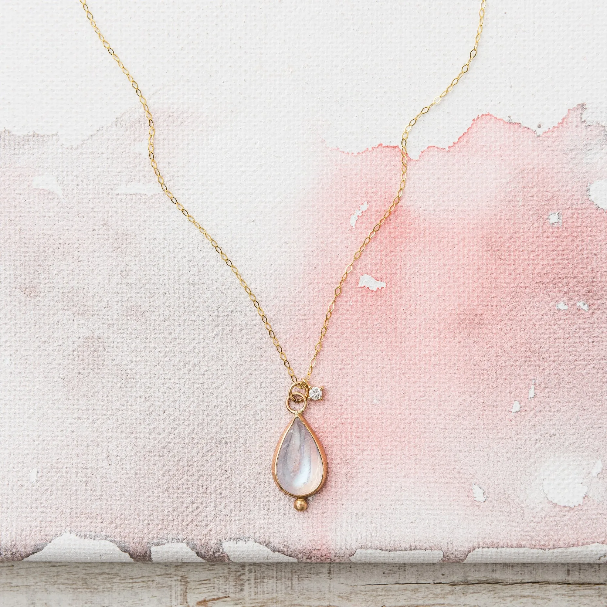 Rainbow Moonstone and Diamond Charm Necklace in 14k