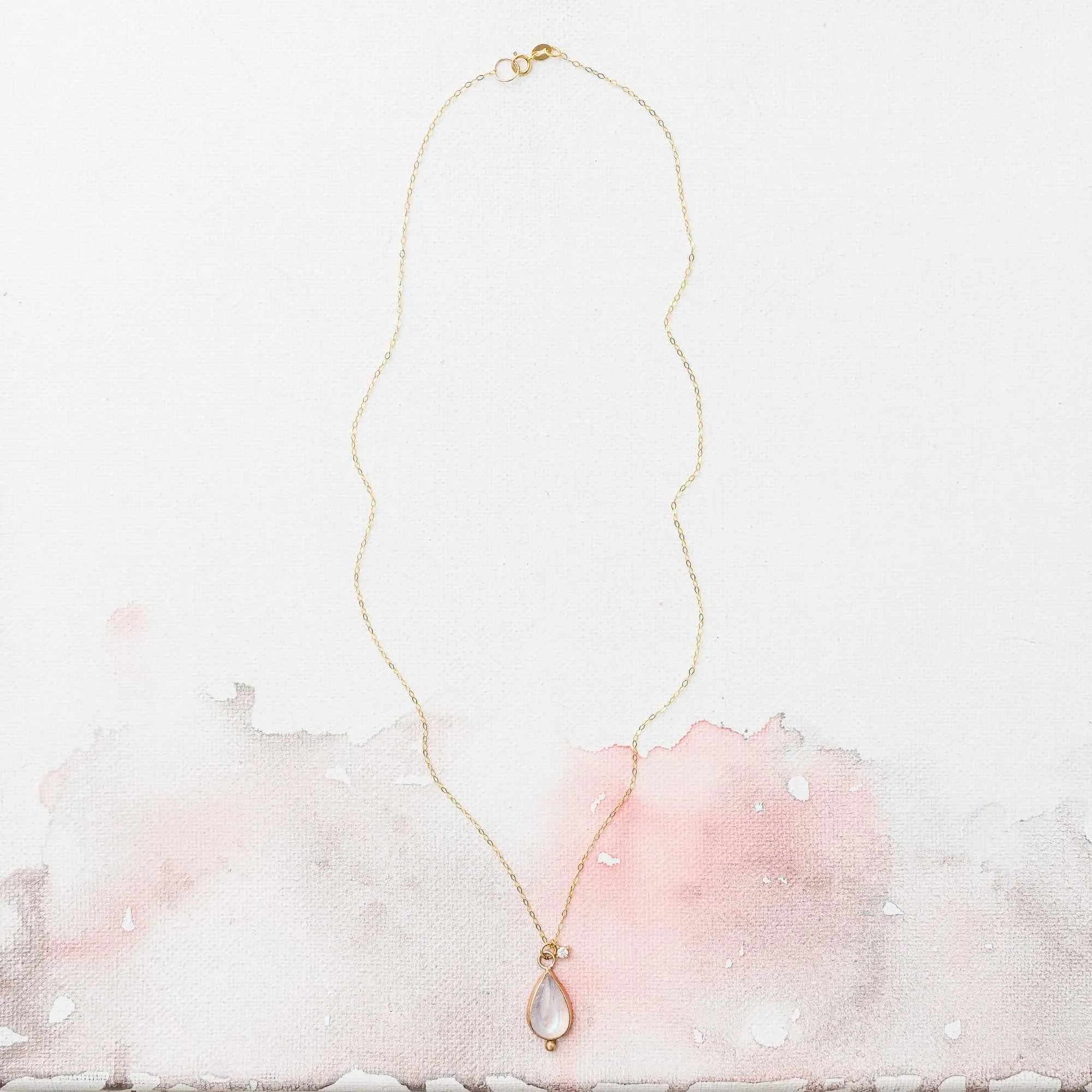 Rainbow Moonstone and Diamond Charm Necklace in 14k