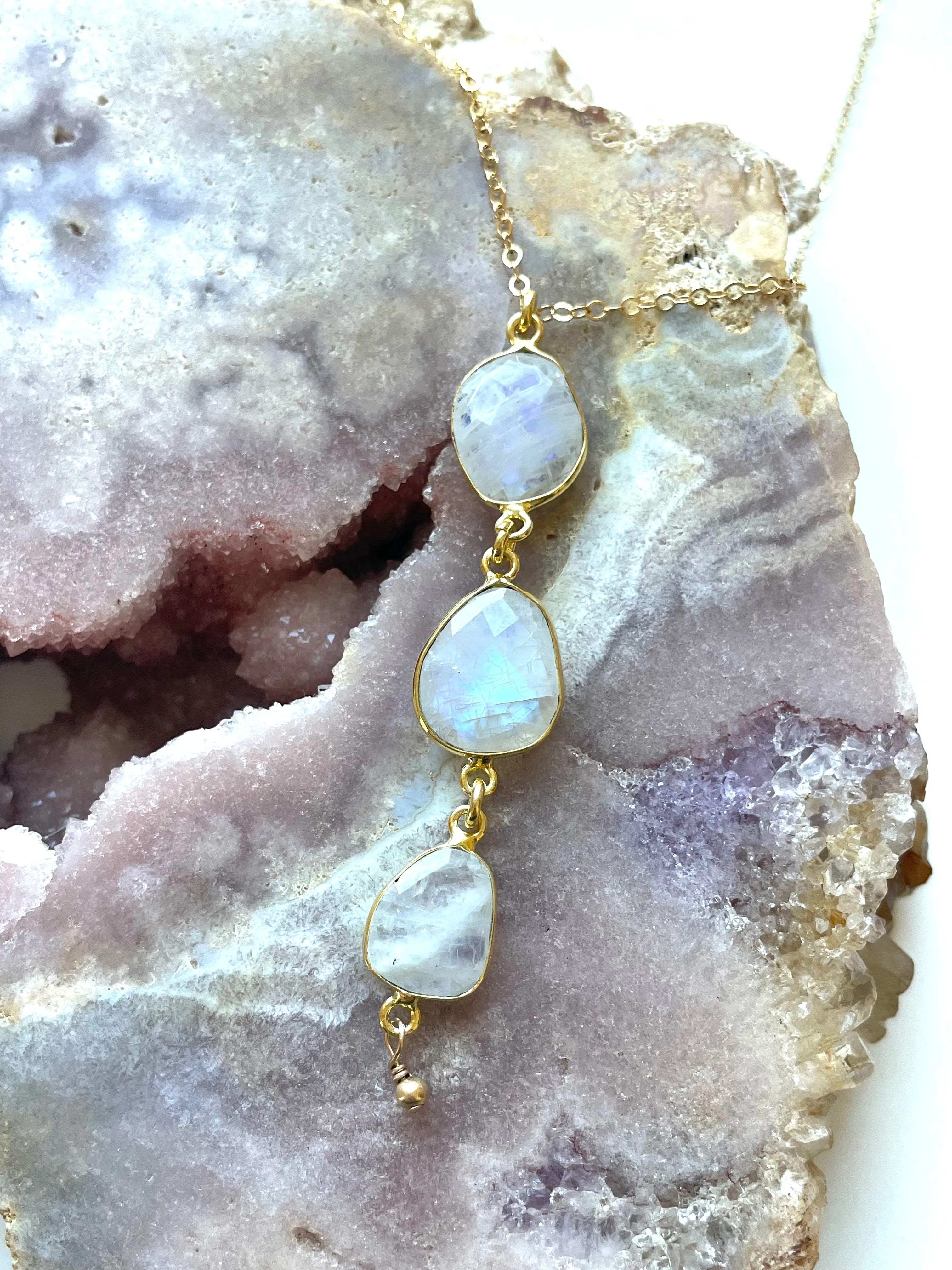 Rainbow Moonstone Lariat Necklace Gold or Silver