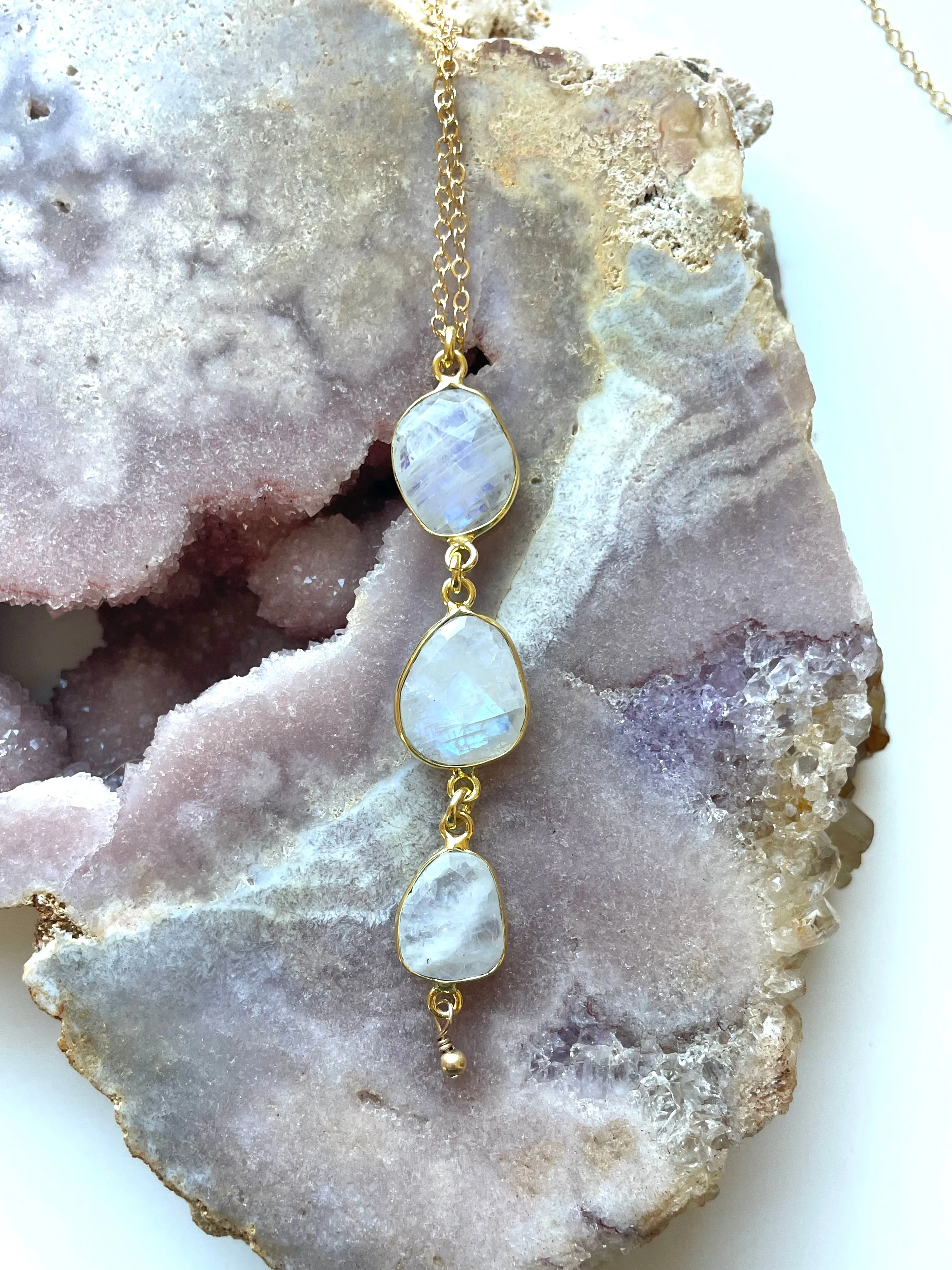 Rainbow Moonstone Lariat Necklace Gold or Silver