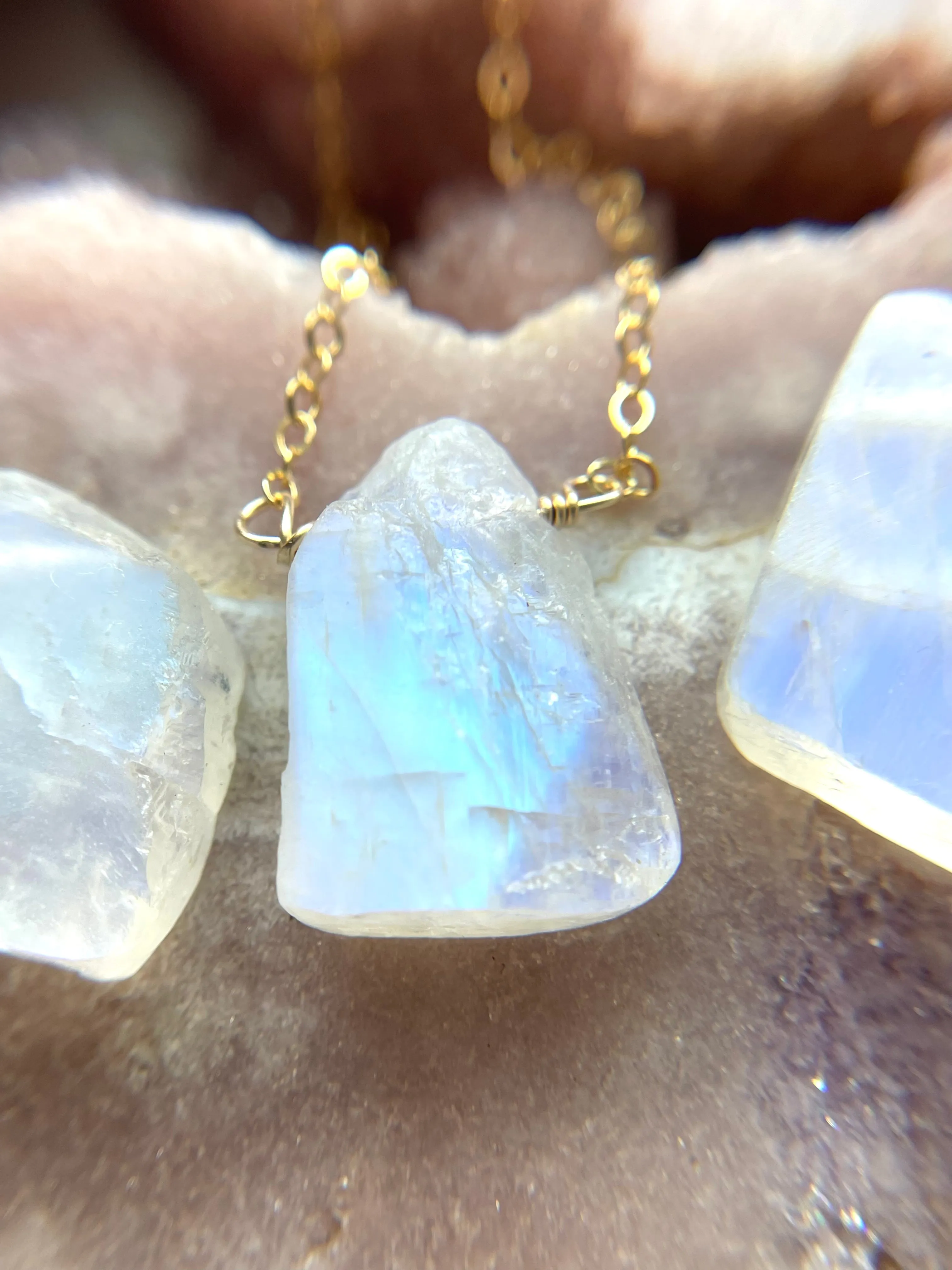 Raw Crystal Necklace Rainbow Moonstone Necklace