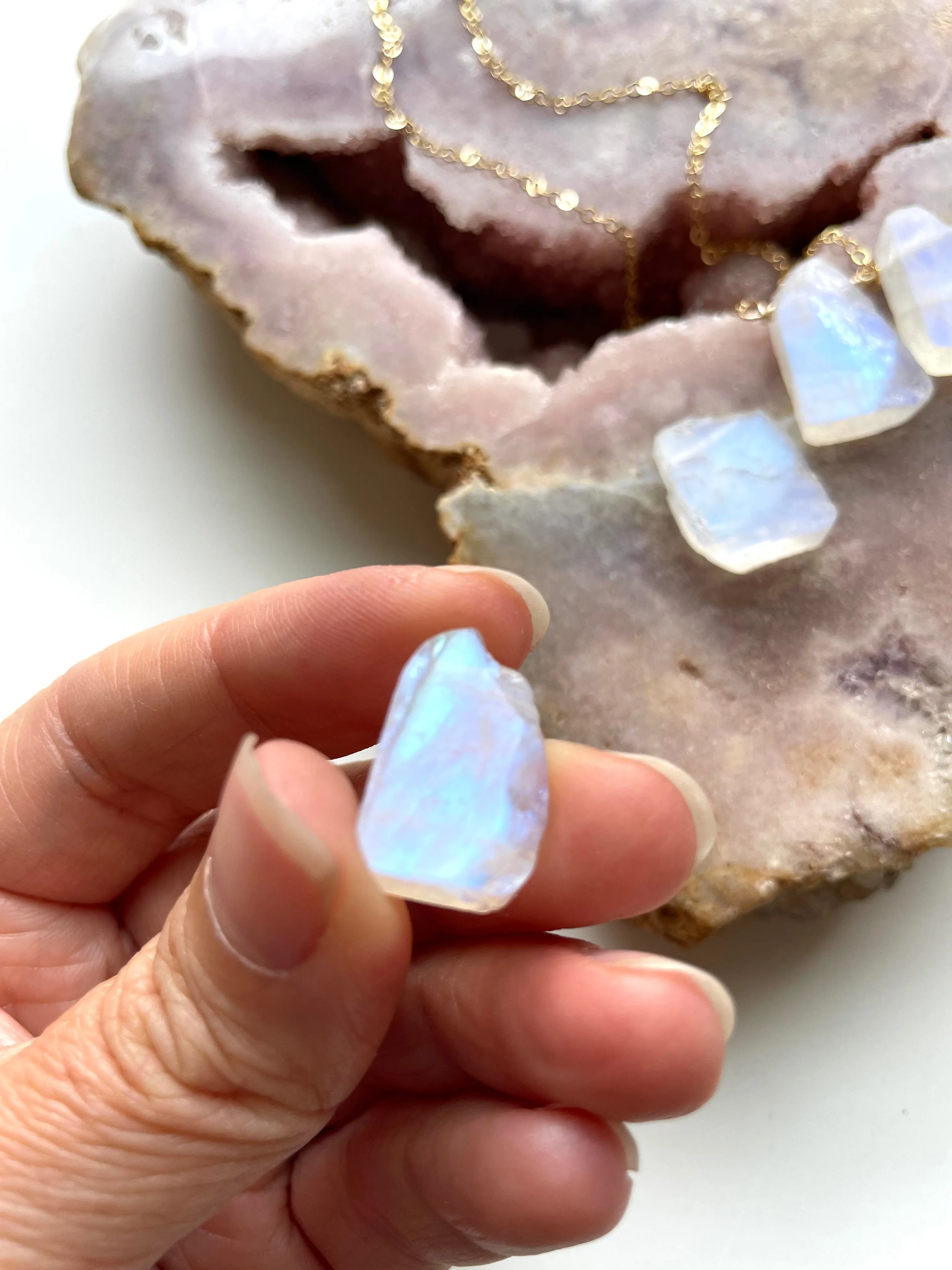 Raw Crystal Necklace Rainbow Moonstone Necklace