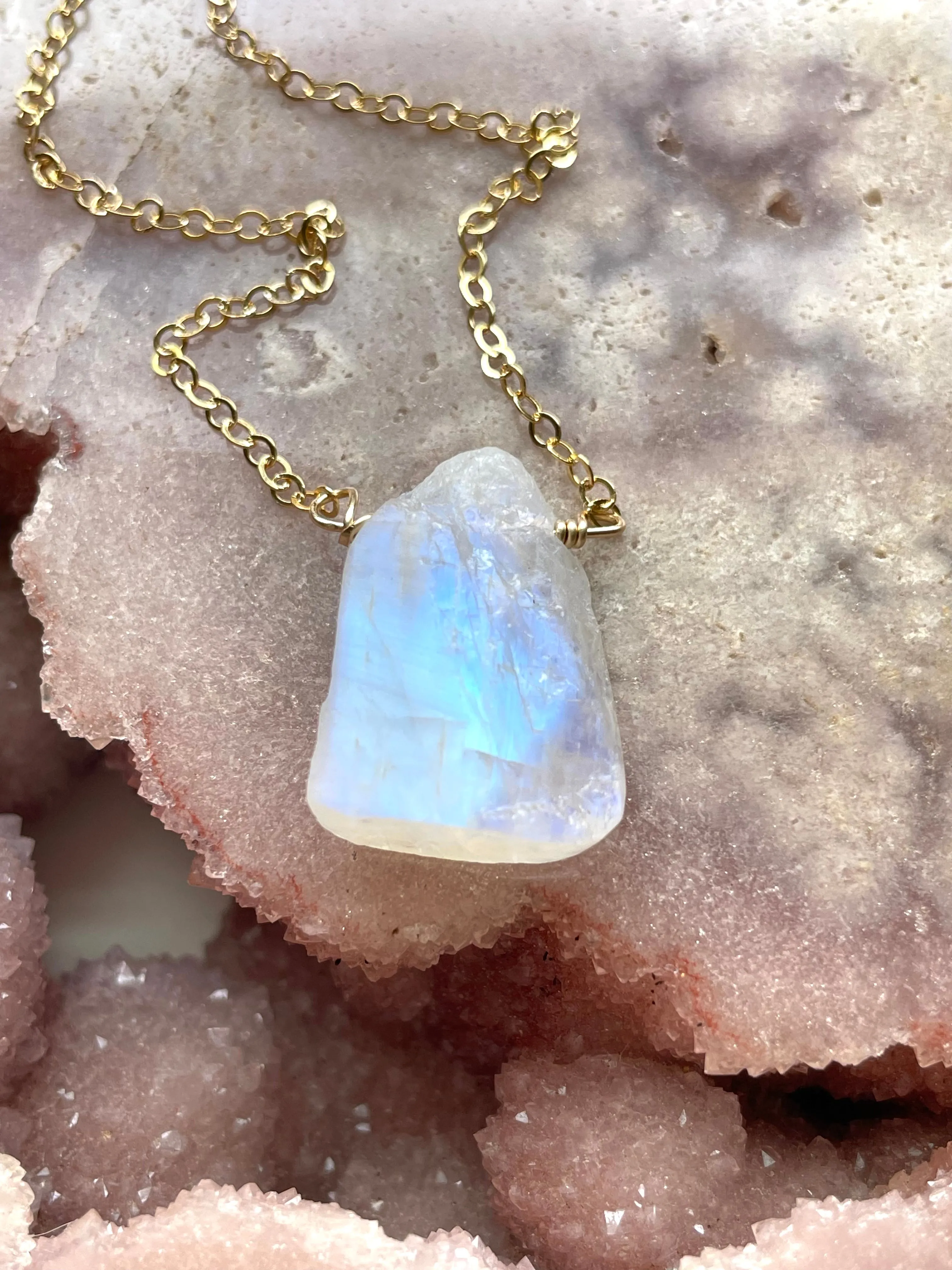 Raw Crystal Necklace Rainbow Moonstone Necklace