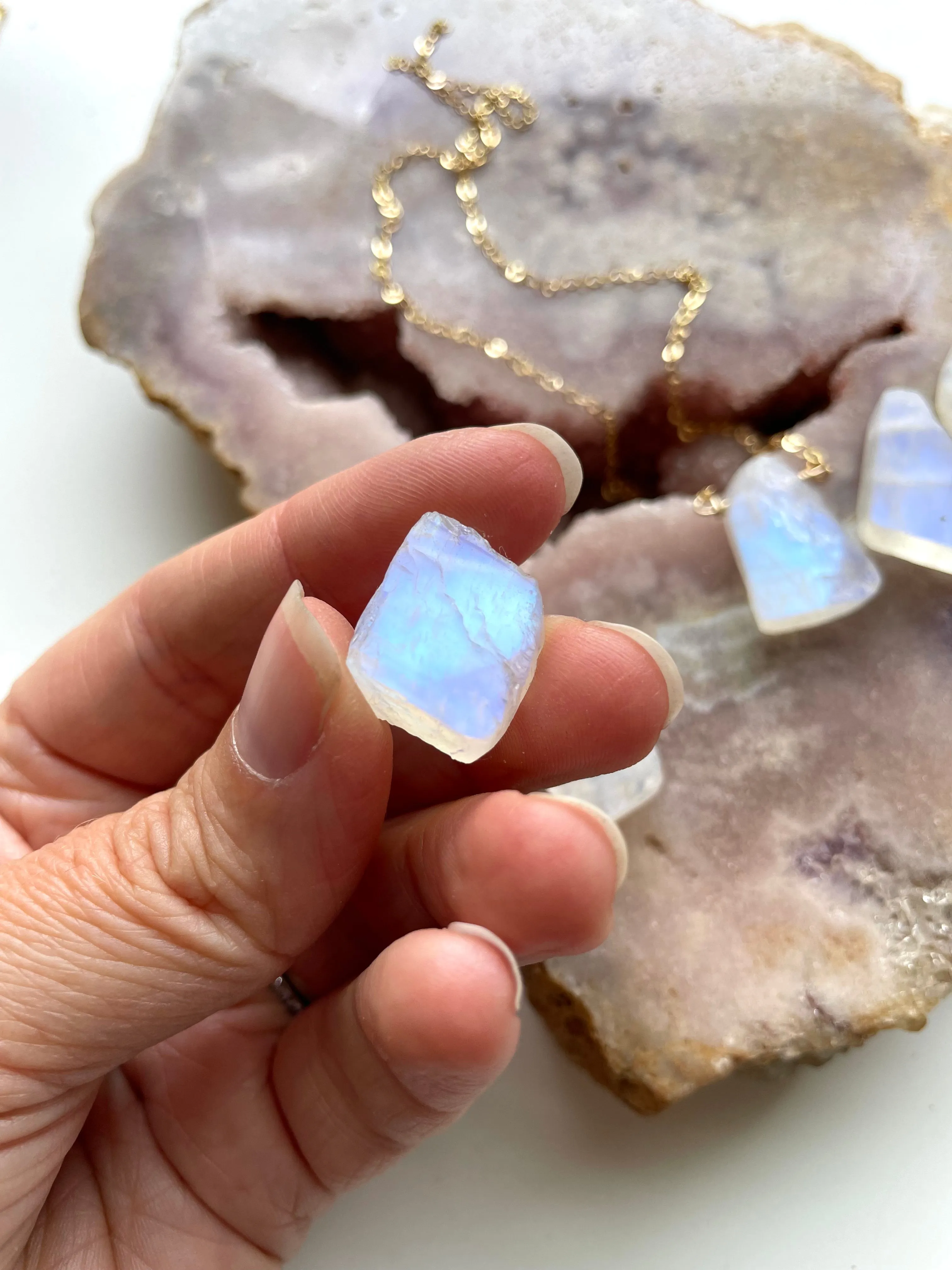 Raw Crystal Necklace Rainbow Moonstone Necklace