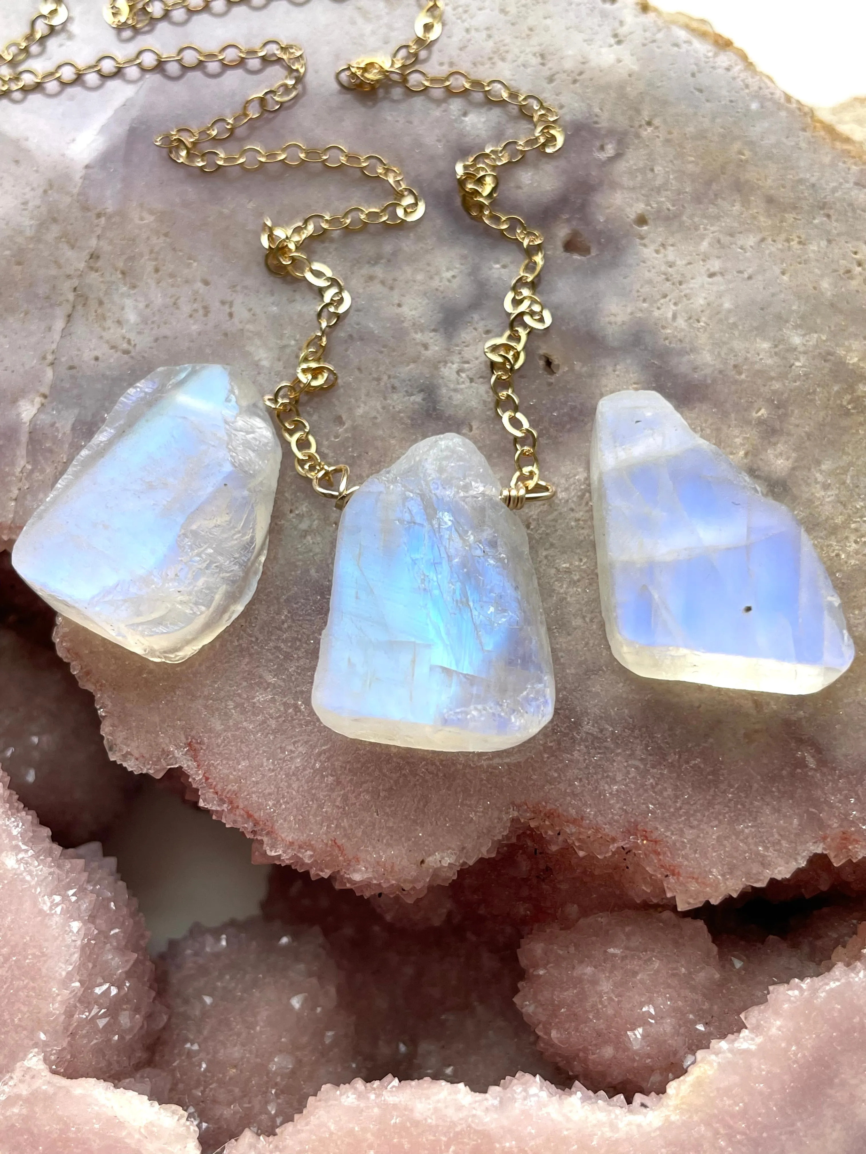 Raw Crystal Necklace Rainbow Moonstone Necklace