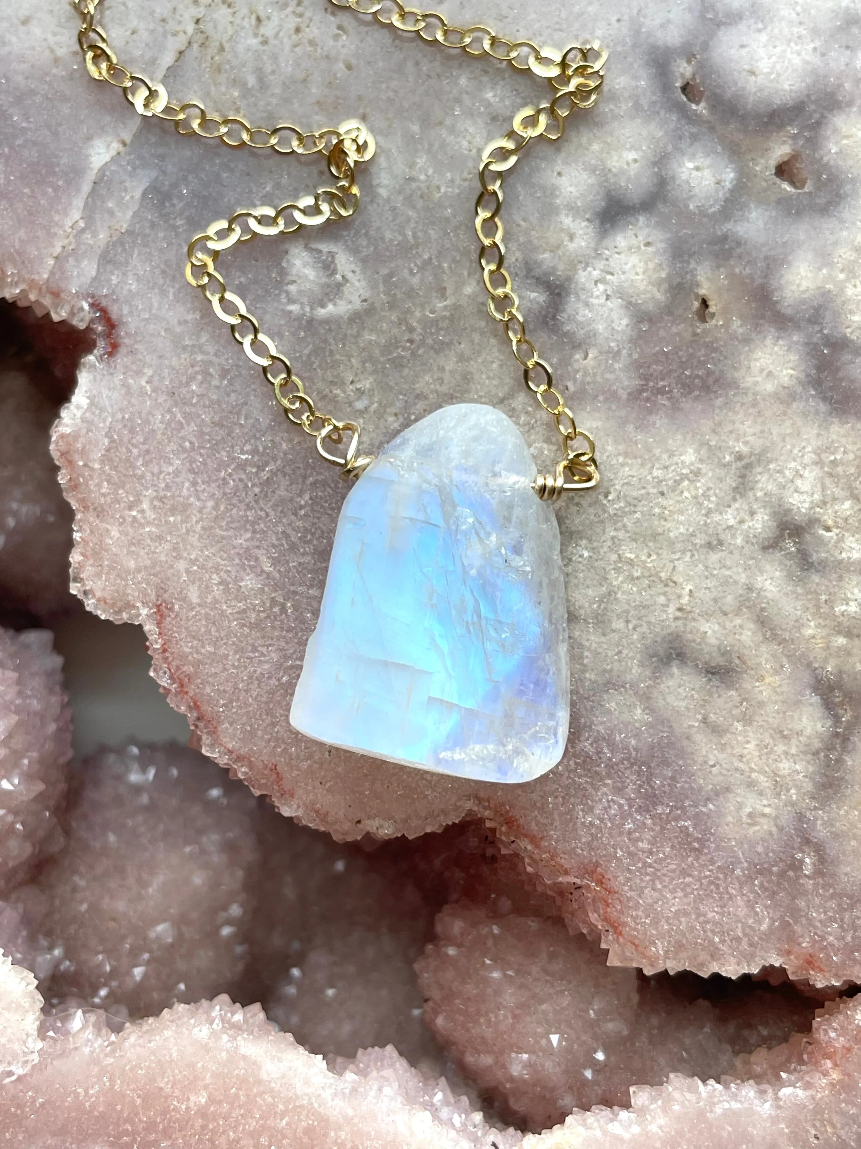 Raw Crystal Necklace Rainbow Moonstone Necklace