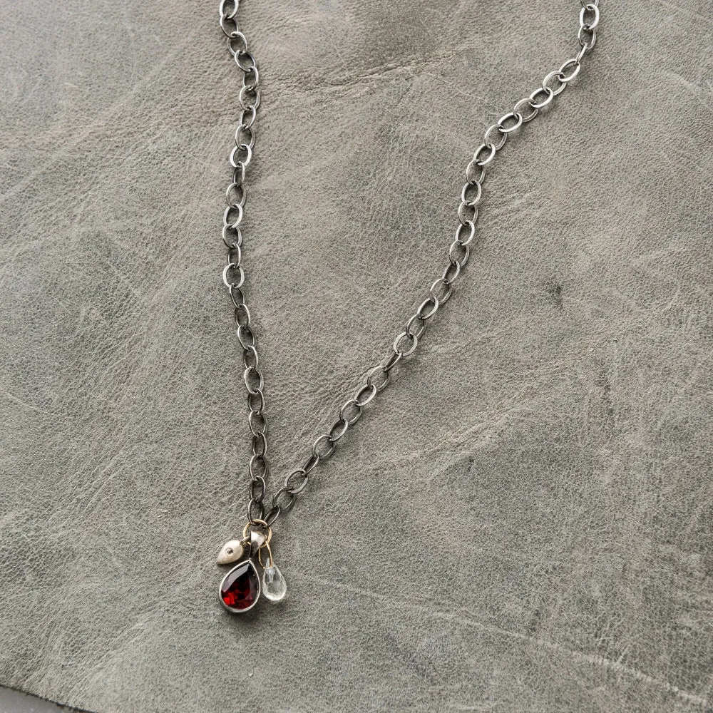 Red Garnet Pear Necklace with Diamond and Moonstone on Oval Chain