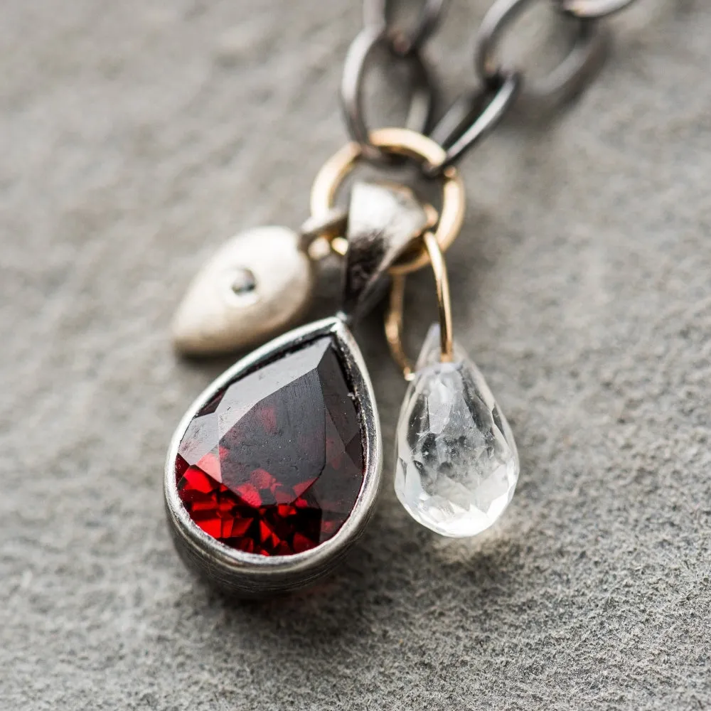Red Garnet Pear Necklace with Diamond and Moonstone on Oval Chain