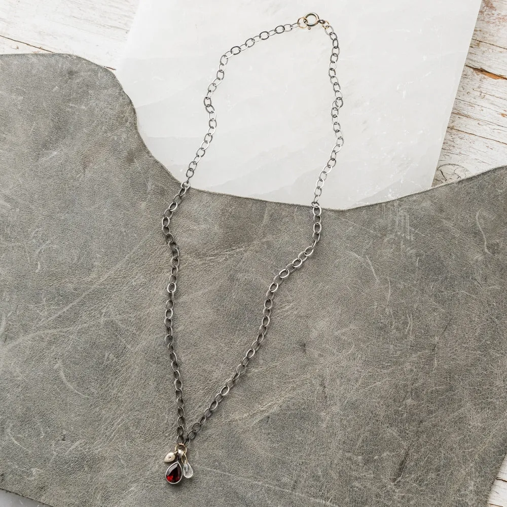 Red Garnet Pear Necklace with Diamond and Moonstone on Oval Chain