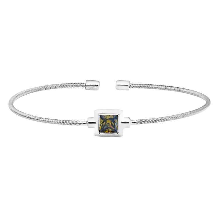 Rhodium Finish Sterling Silver Cable Cuff Bracelet with Princess Cut Simulated Peridot Birth Gem