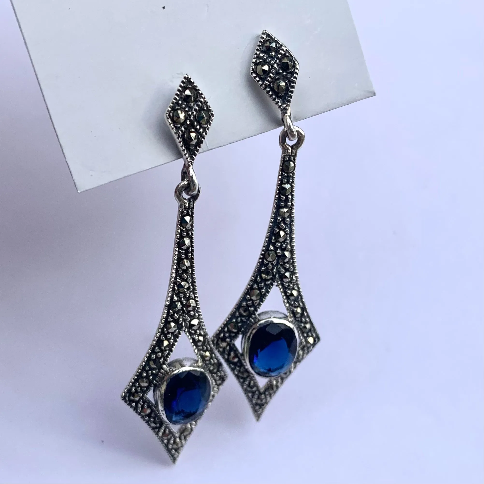 Sapphire Blue Art Deco Spear Earrings in Silver and Marcasite