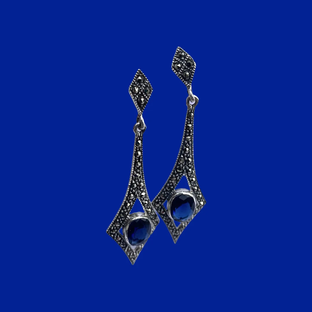 Sapphire Blue Art Deco Spear Earrings in Silver and Marcasite