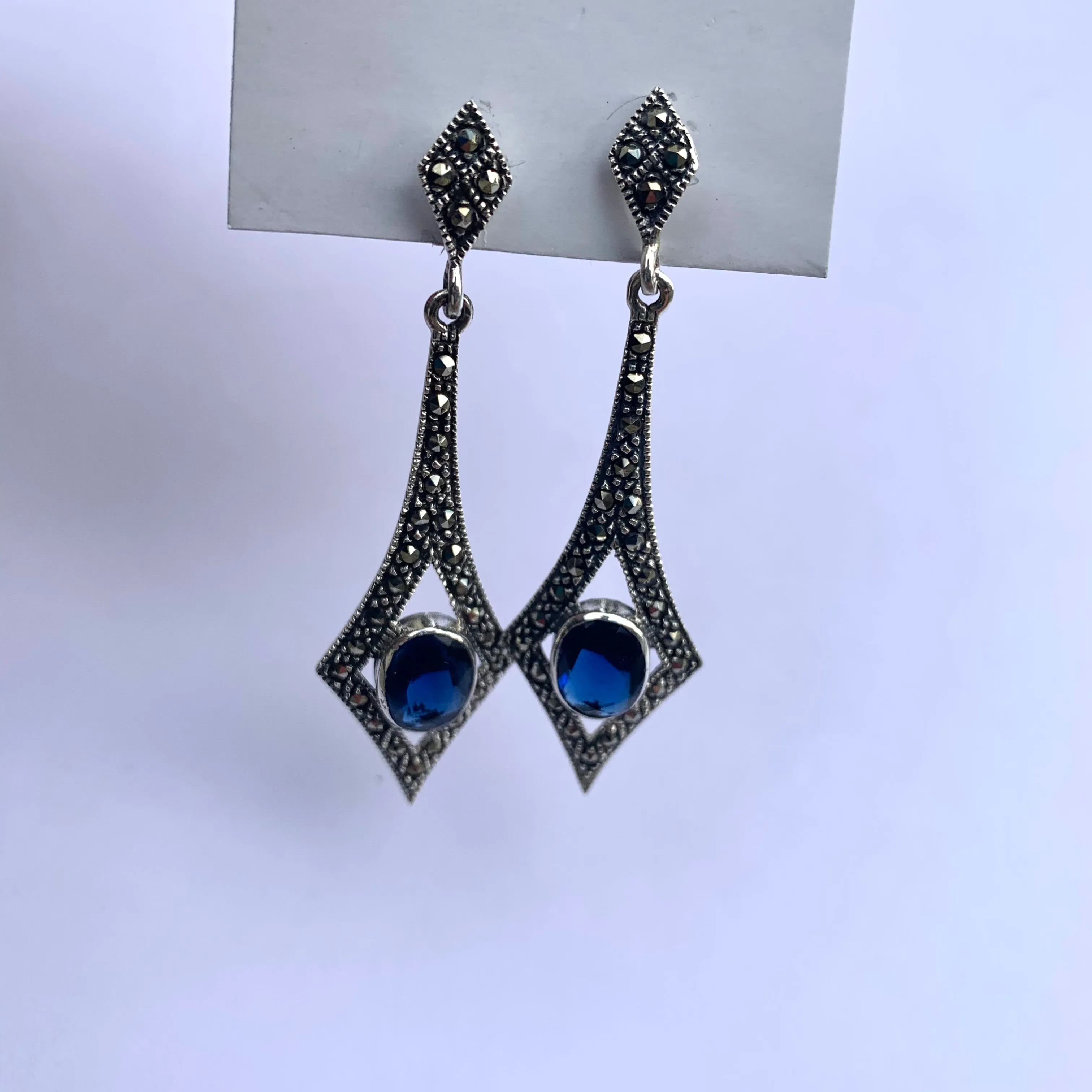 Sapphire Blue Art Deco Spear Earrings in Silver and Marcasite