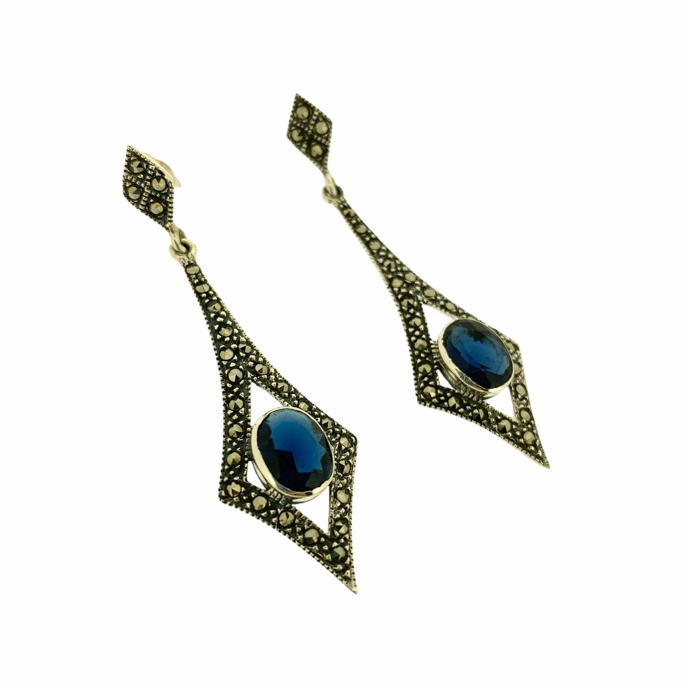 Sapphire Blue Art Deco Spear Earrings in Silver and Marcasite