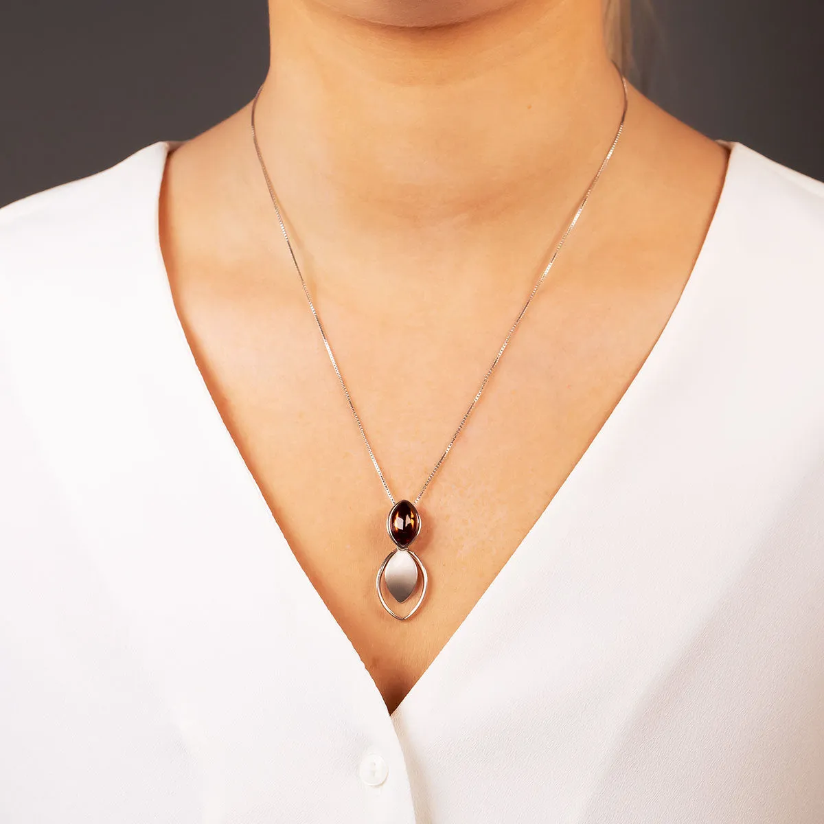 Silver Double Marquise Amber Pendant