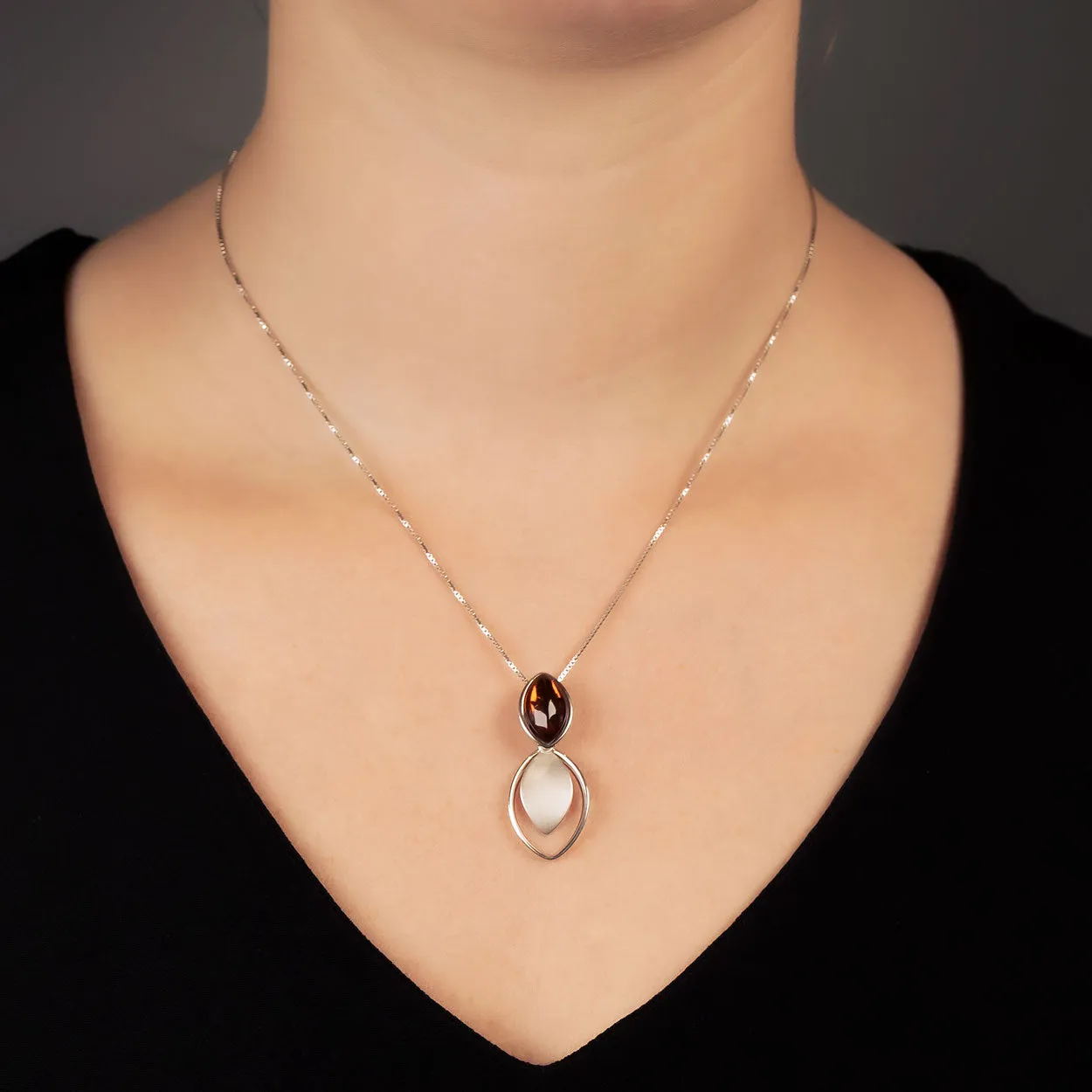 Silver Double Marquise Amber Pendant