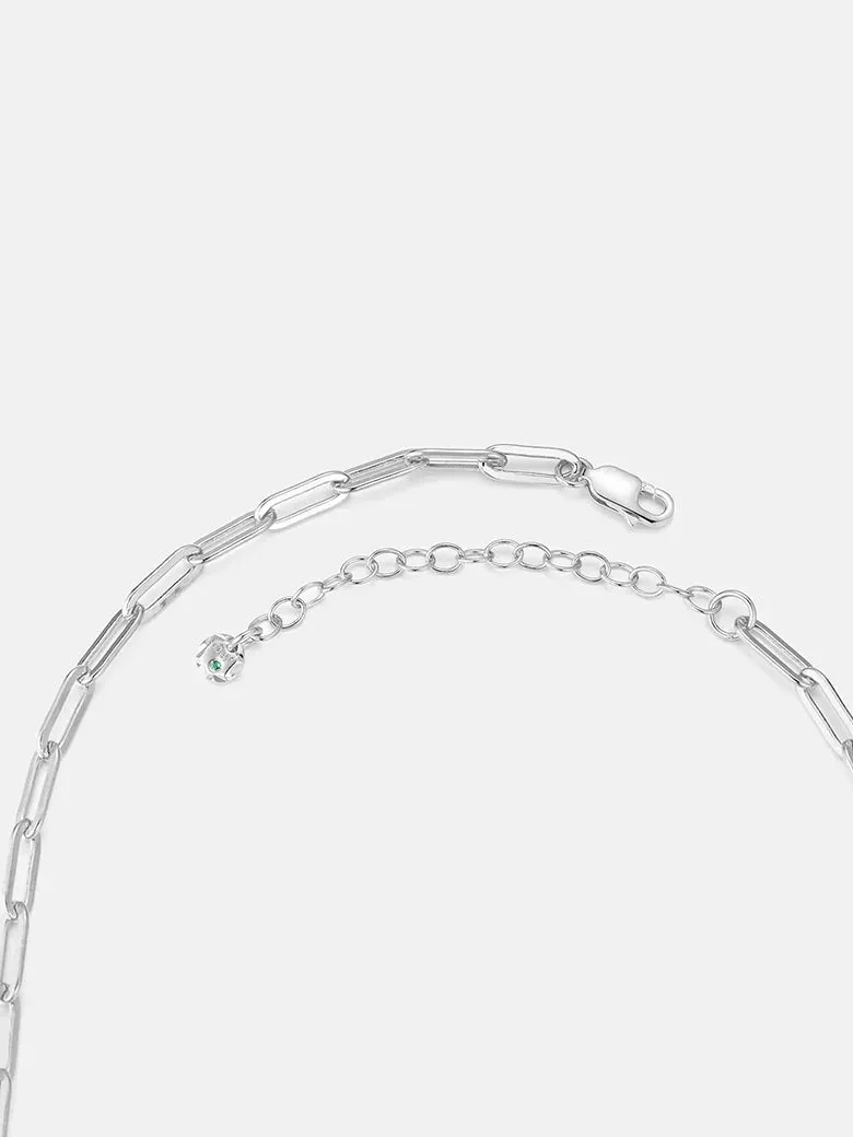 Silver Four Clover Emerald Charm Paperclip Necklace