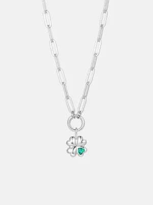 Silver Four Clover Emerald Charm Paperclip Necklace