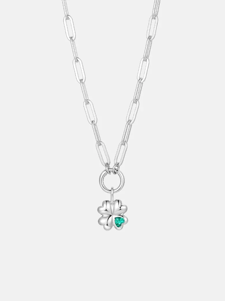 Silver Four Clover Emerald Charm Paperclip Necklace