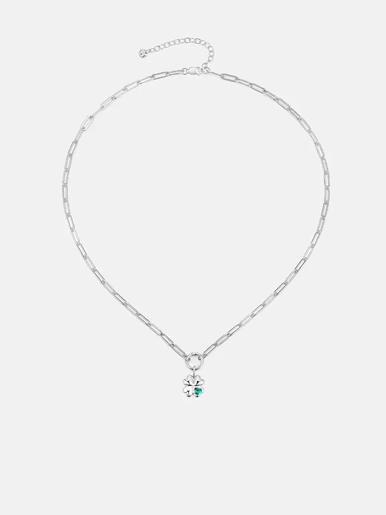 Silver Four Clover Emerald Charm Paperclip Necklace