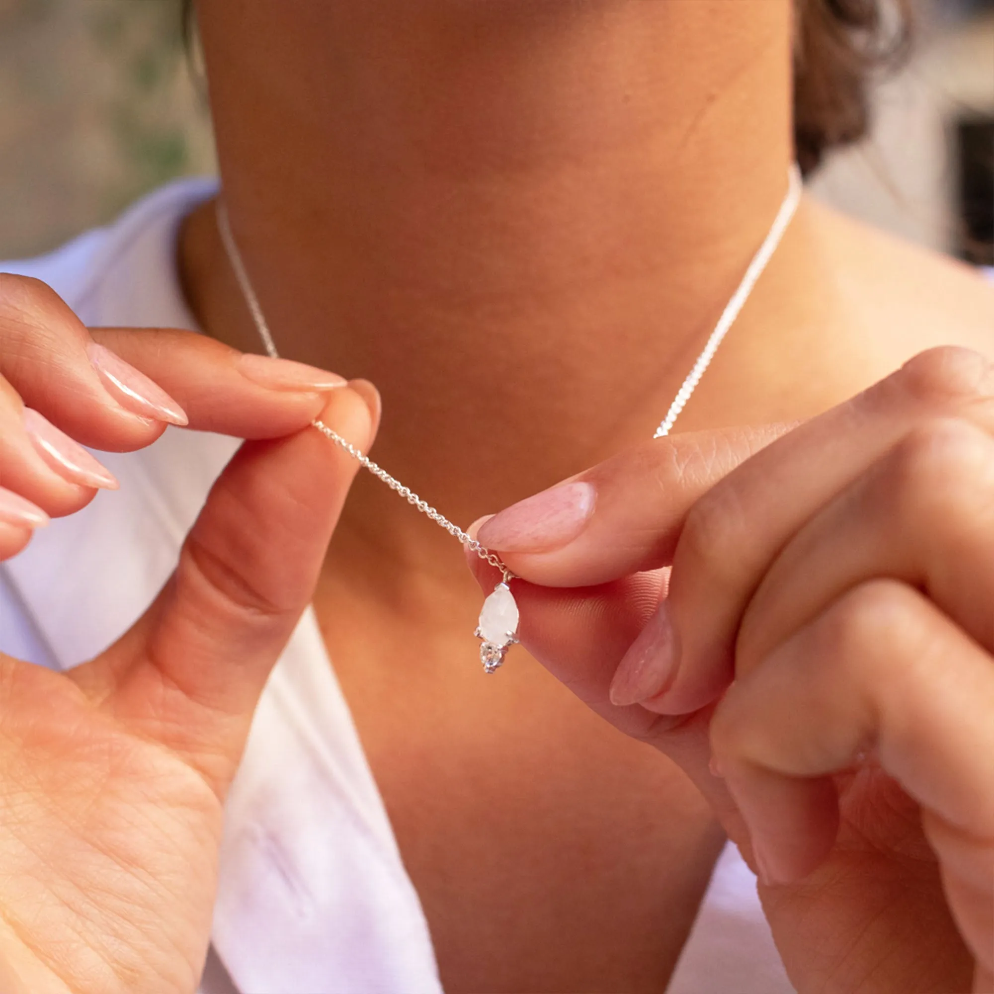 Silver Teardrop Shaped Moonstone & CZ Necklace