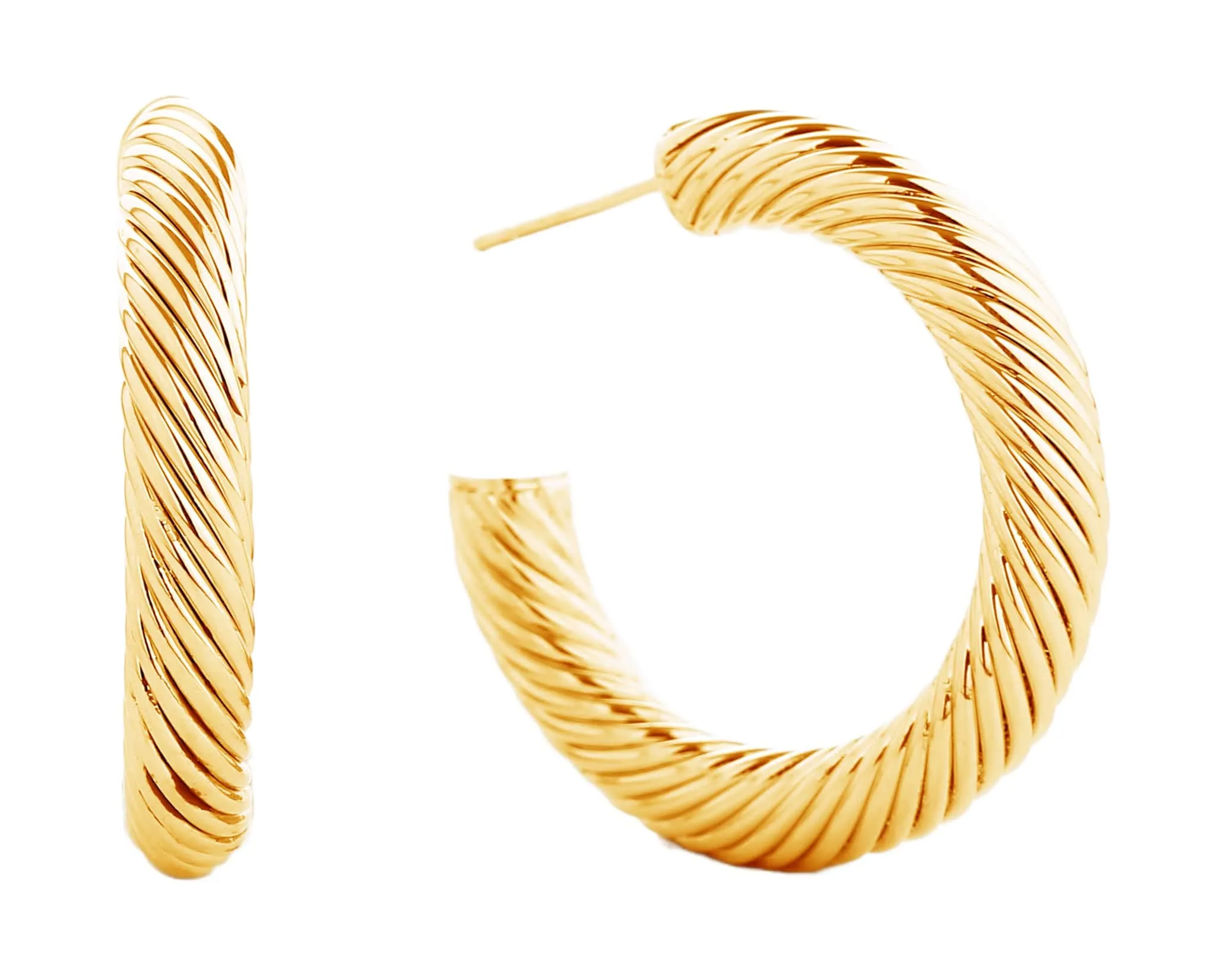 SJE310015 14K Metal Post Textured Hoop Earrings