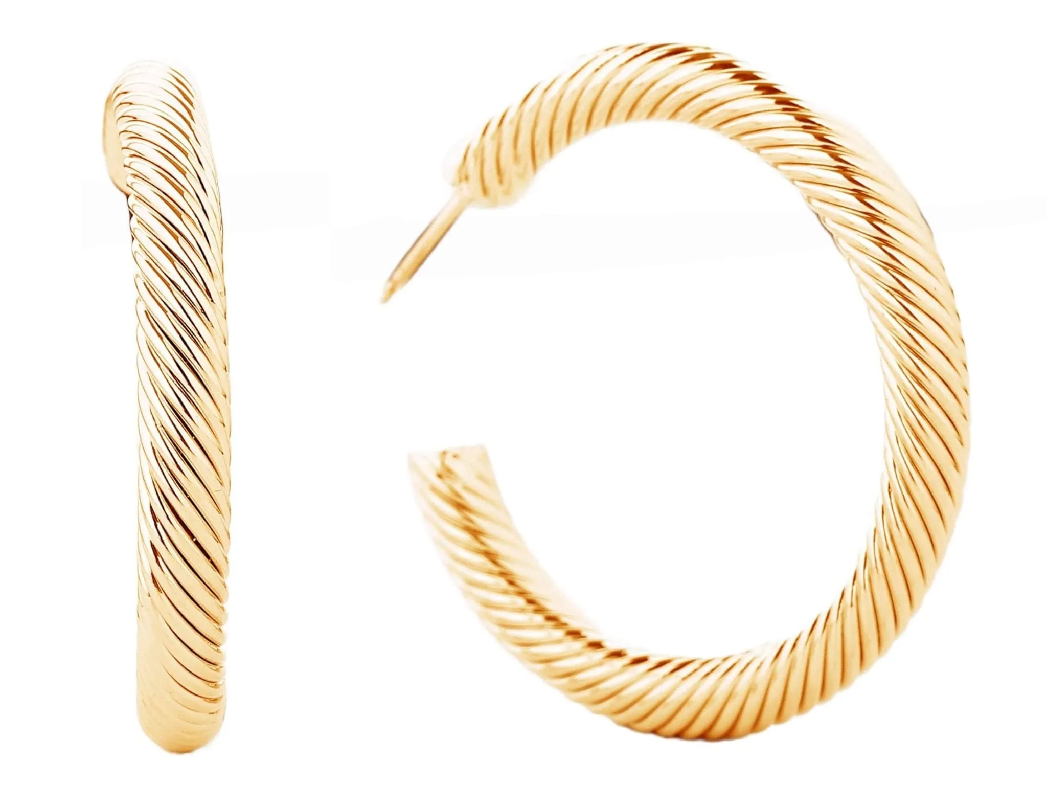 SJE310015 14K Metal Post Textured Hoop Earrings